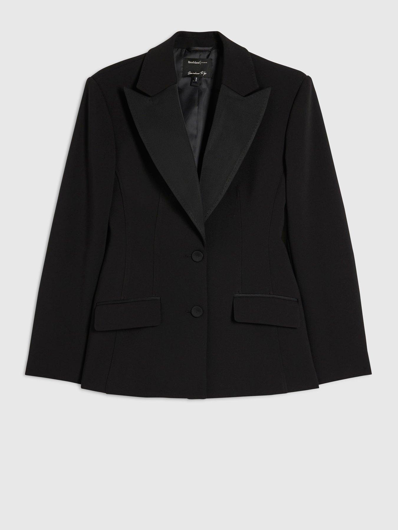 Image 5 of 5 of River Island Womens Tux Detail Tailored Double-Button Blazer - Black