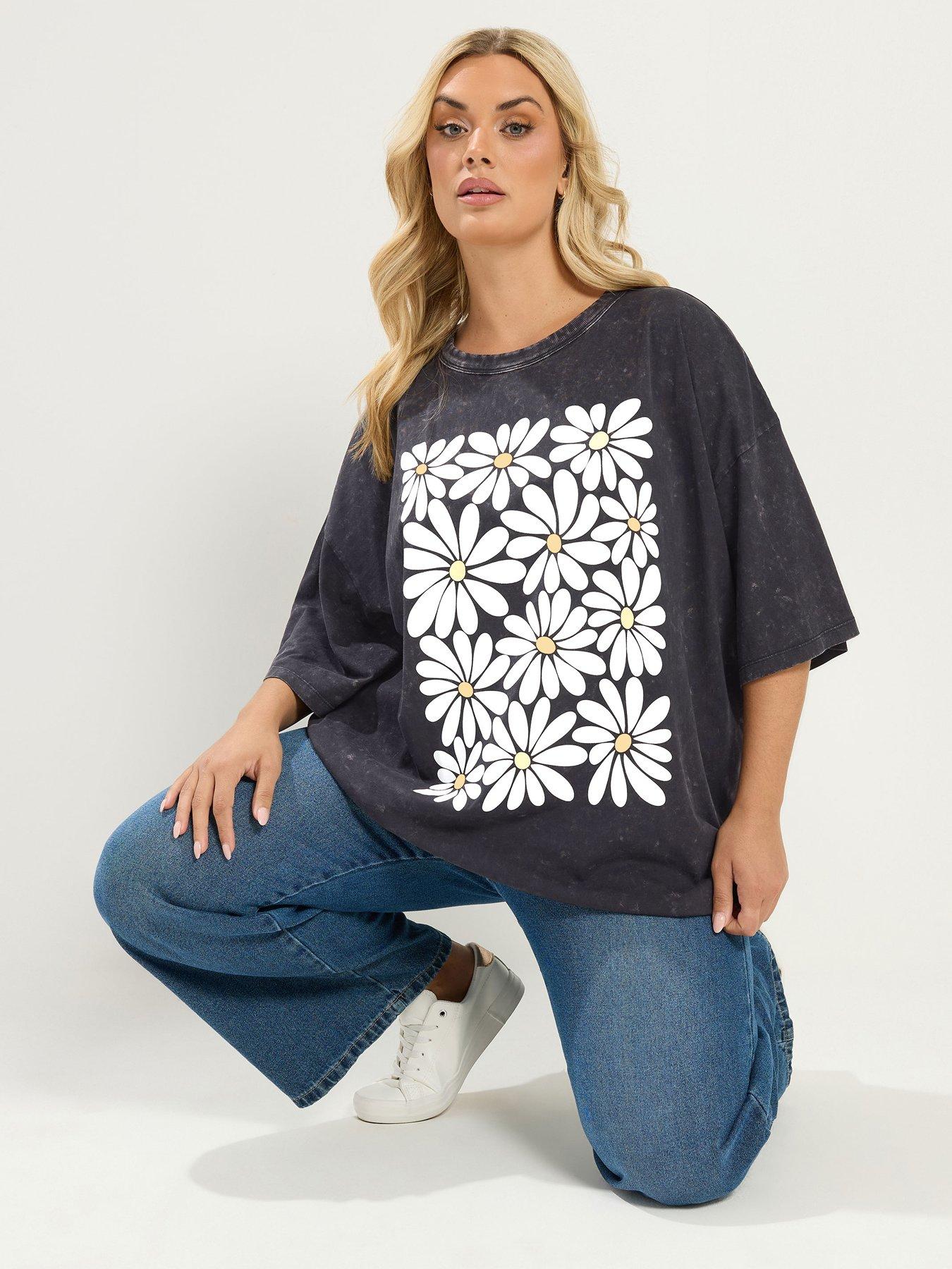 Yours Curve Placement Boxy T-Shirt - Grey