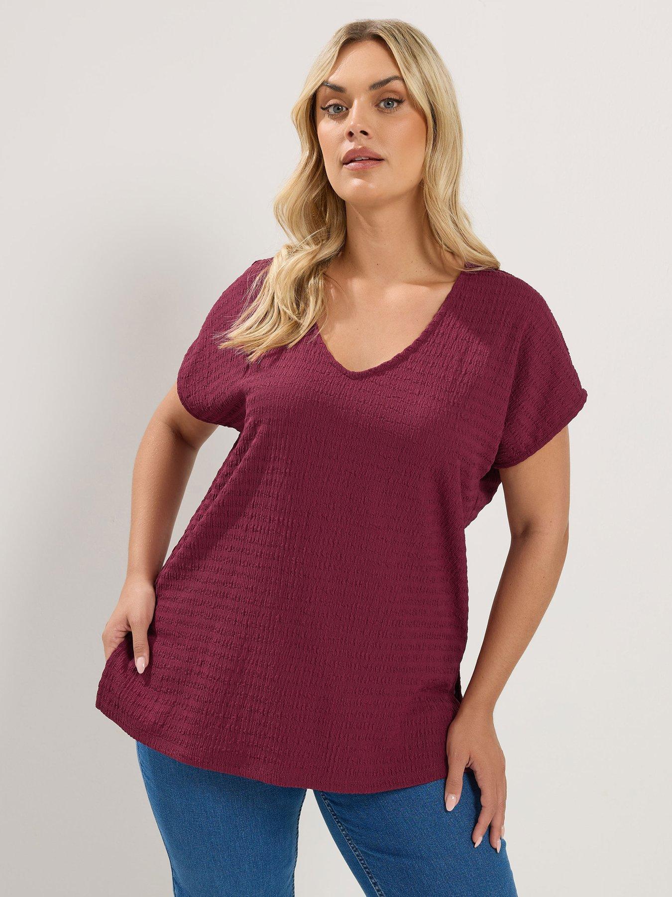 Image 1 of 4 of Yours Curve Textured Grown On Sleeve V Neck T-Shirt - Red