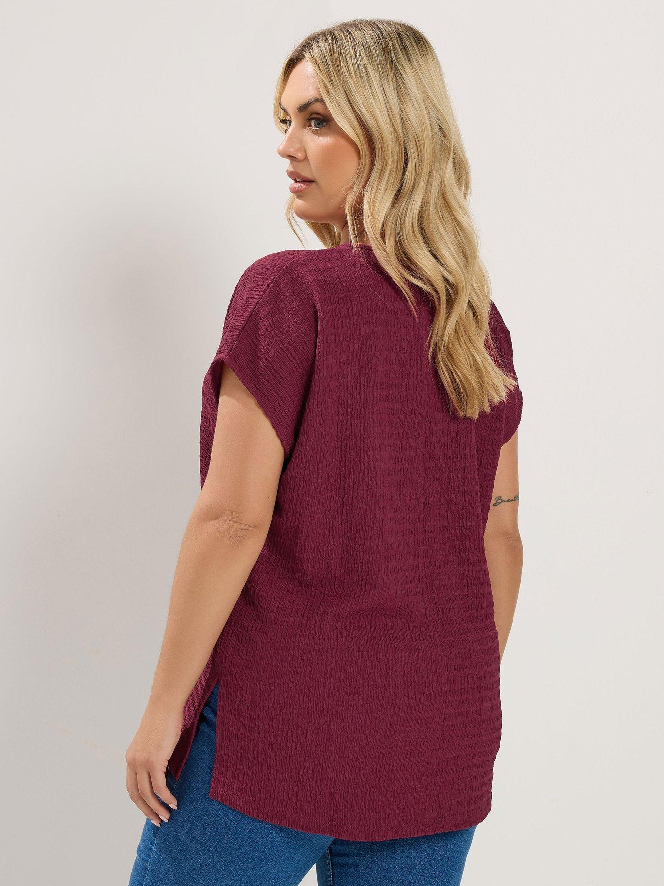 Image 2 of 4 of Yours Curve Textured Grown On Sleeve V Neck T-Shirt - Red