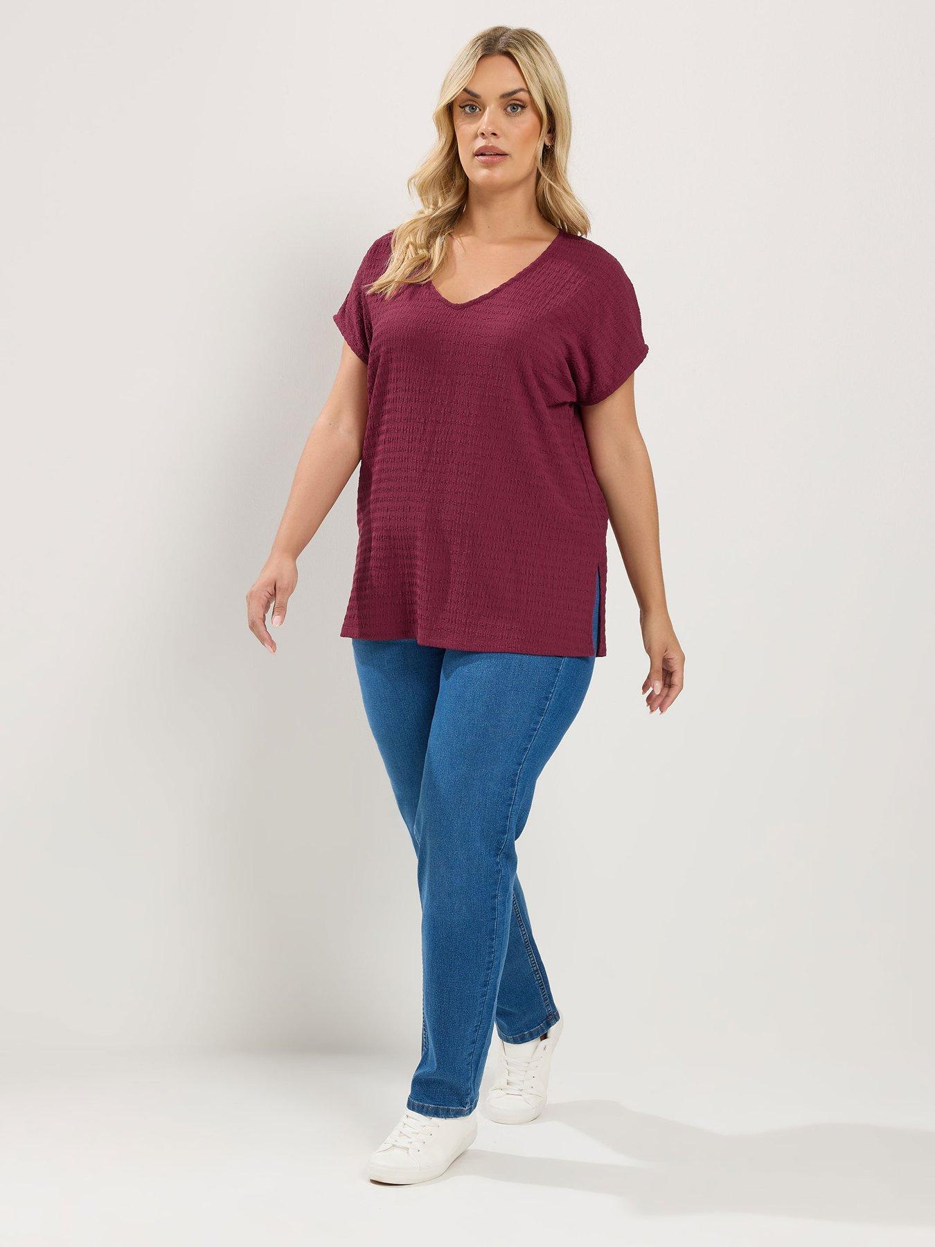 Image 3 of 4 of Yours Curve Textured Grown On Sleeve V Neck T-Shirt - Red