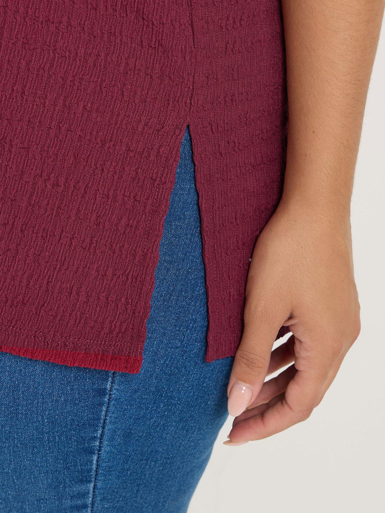 Image 4 of 4 of Yours Curve Textured Grown On Sleeve V Neck T-Shirt - Red