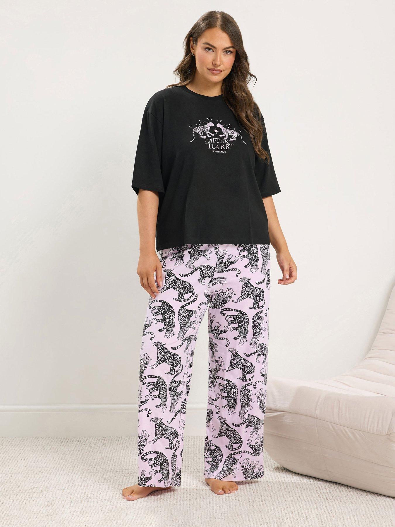 Yours Curve Leopard Extra Wide Leg Pyjama Set - Black