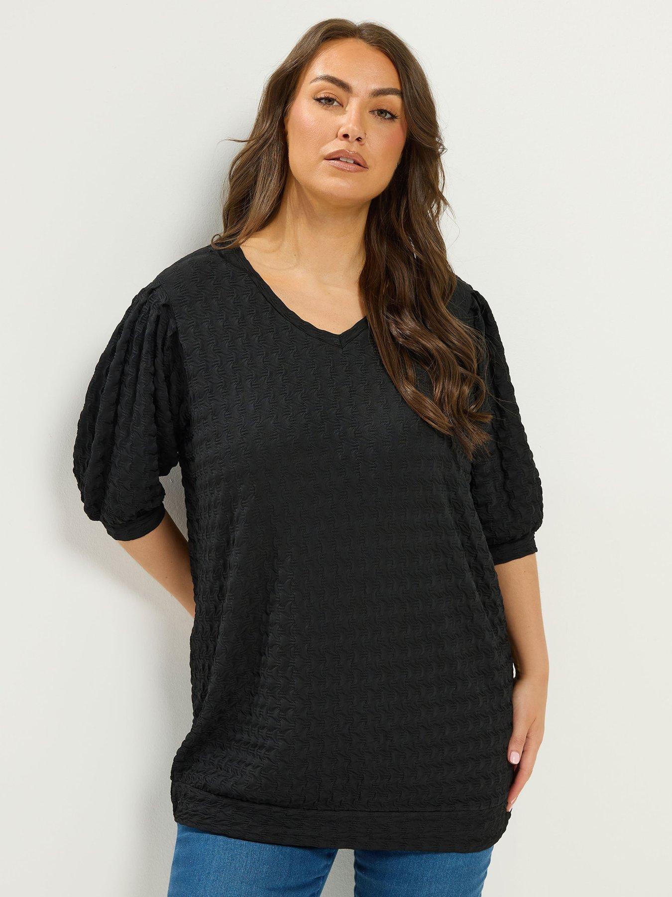 Yours Curve Textured Balloon Sleeve Top - Black