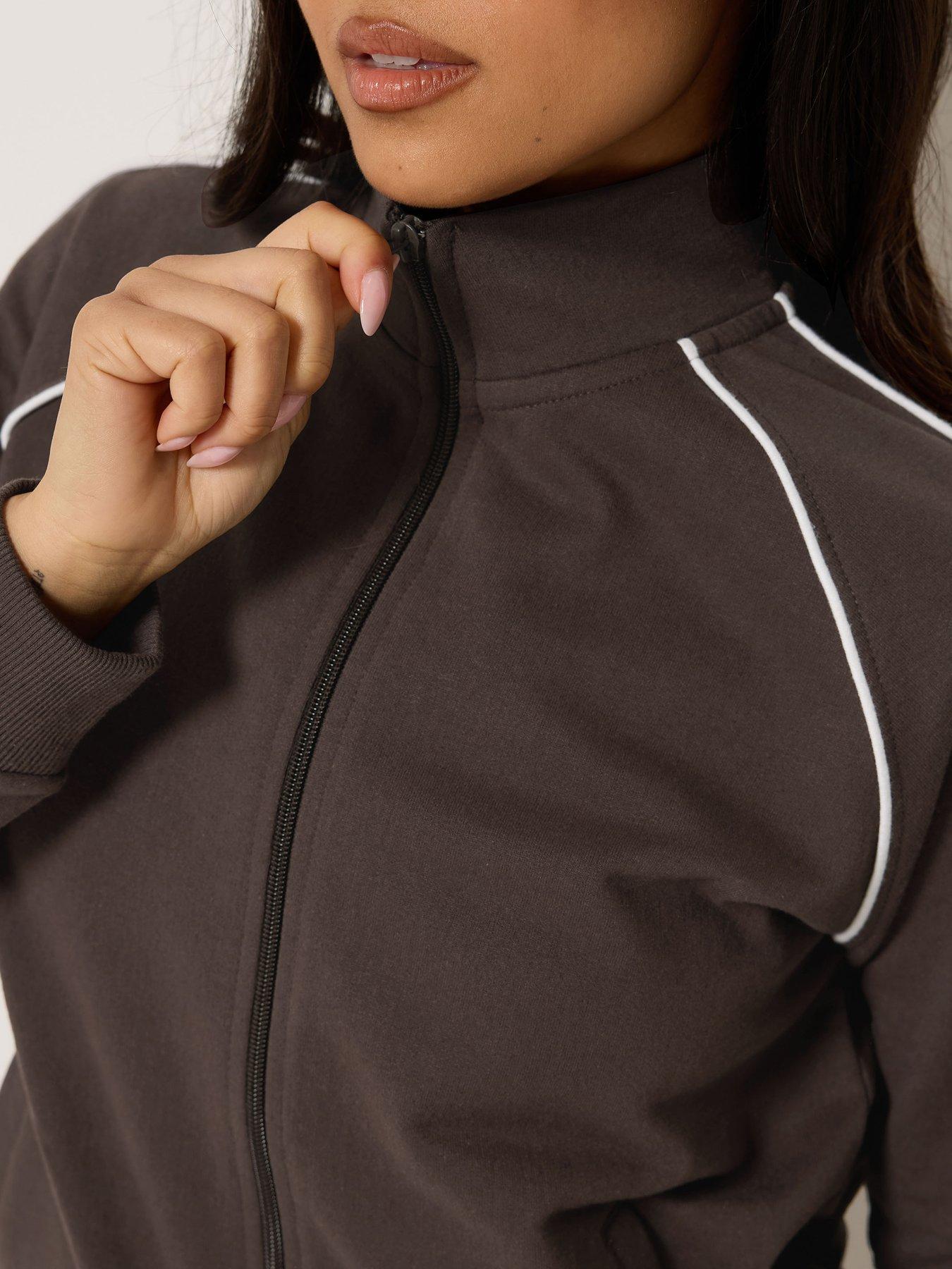 Image 4 of 4 of PixieGirl Petite Contrast Piping Zip Thru Jacket - Brown