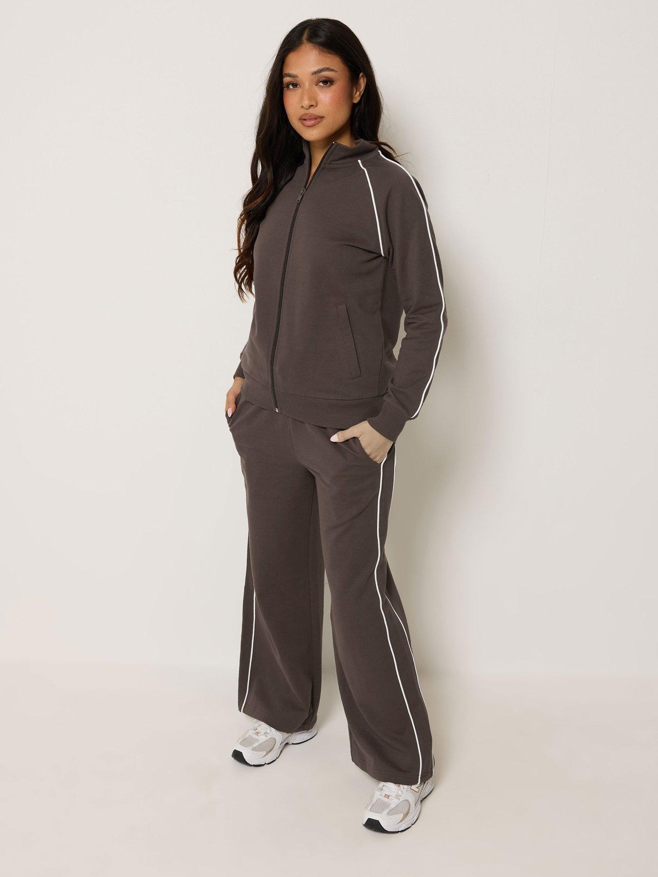 Image 3 of 4 of PixieGirl Petite Contrast Piping Wide Leg Jogger - Brown