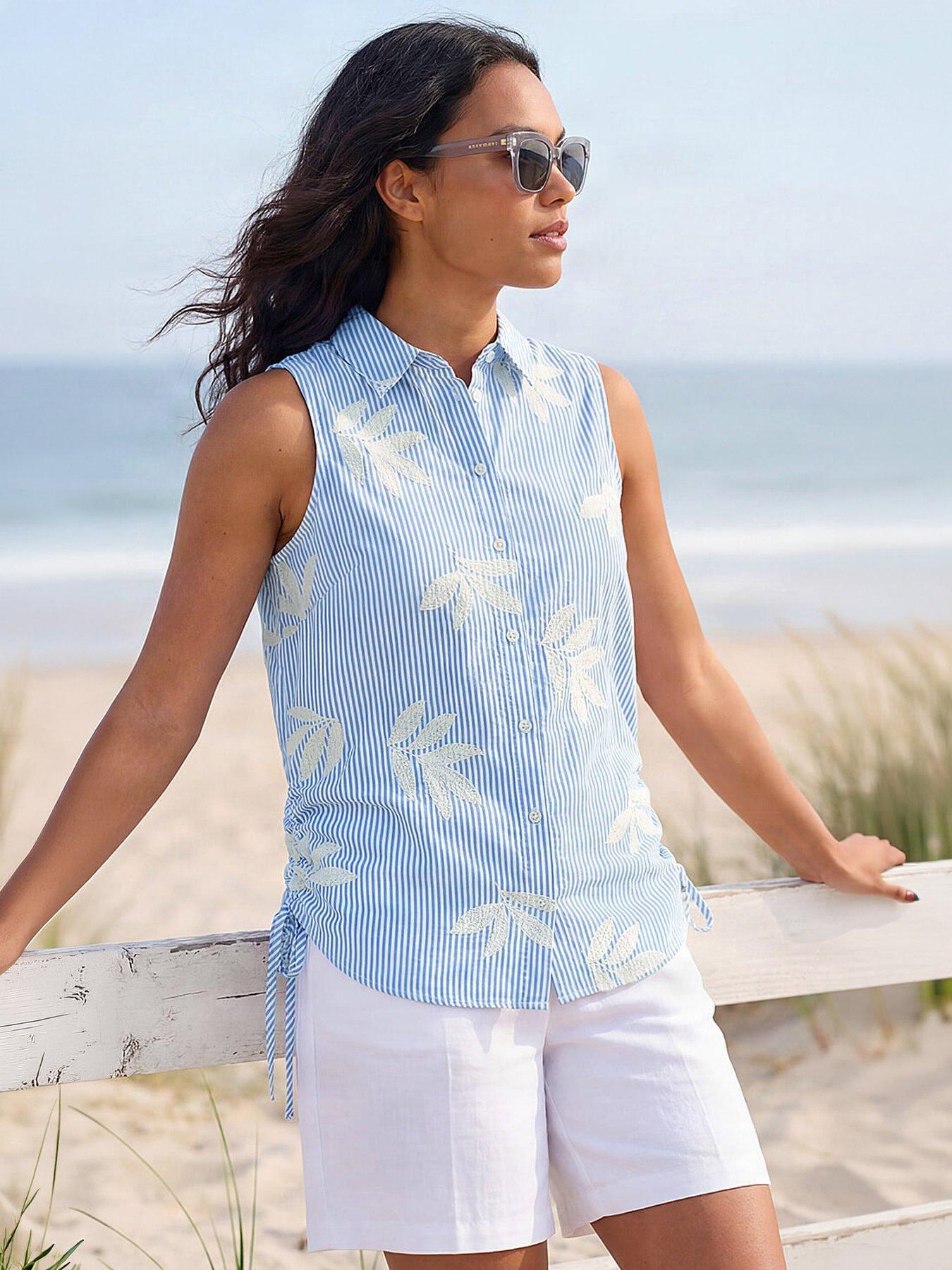 Roman Stripe Leaf Embroidered Button Blouse