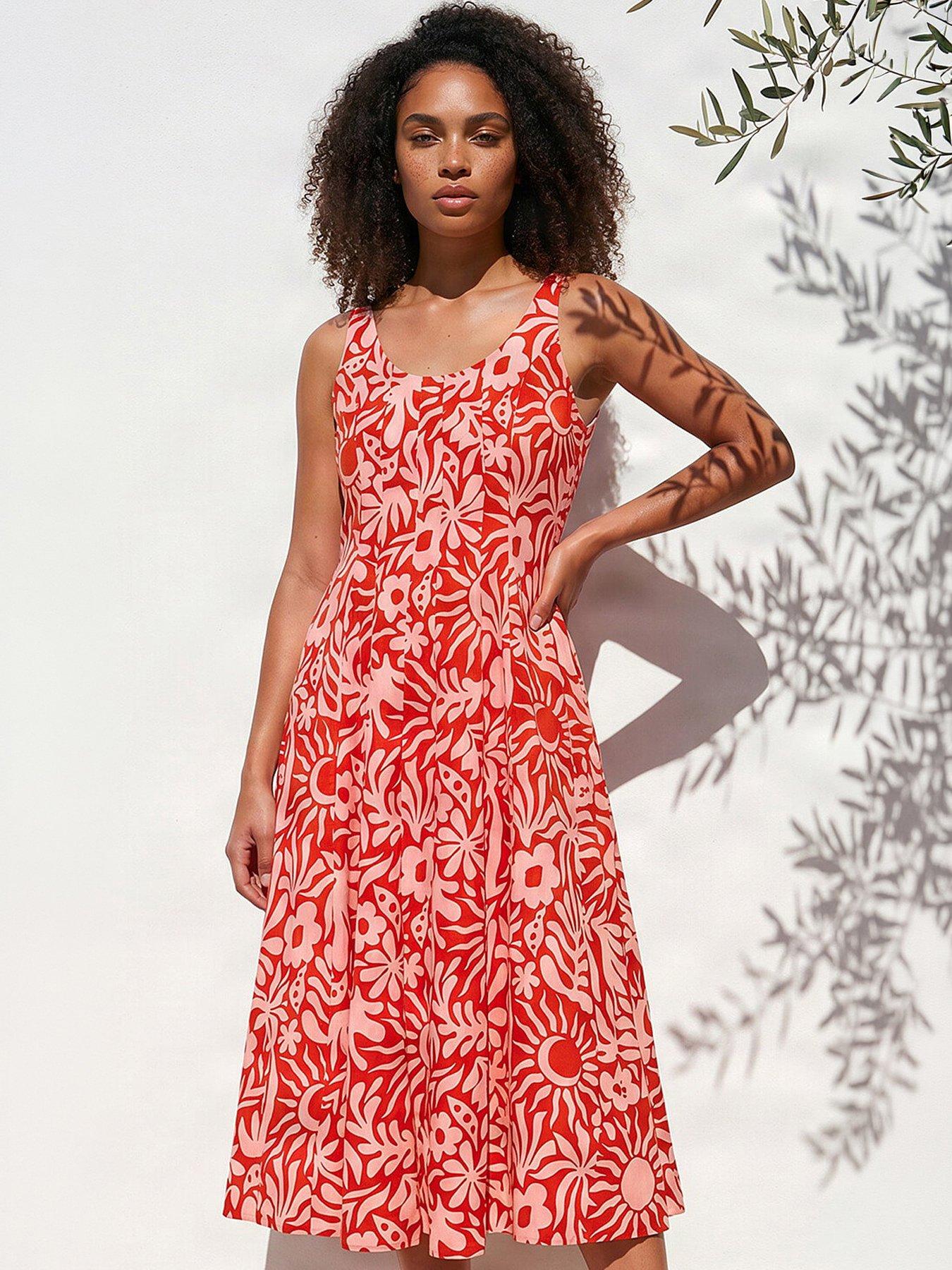 Roman Dusk Abstract Print Midi Dress, Orange, Size 10, Women