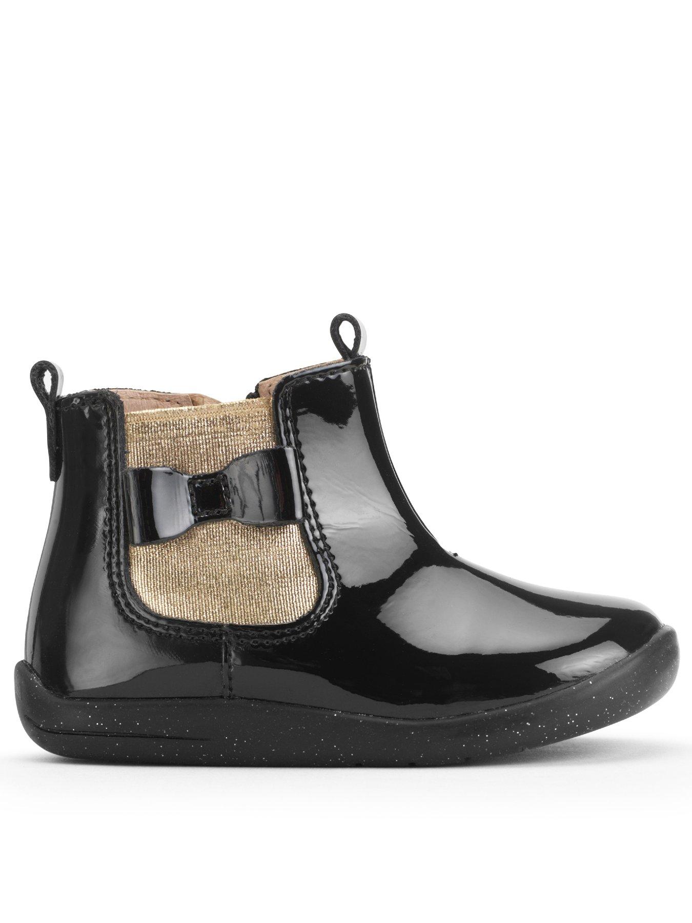 Start-rite Girls' Patent T-Bar Boots with Metallic Gold Panels - Black