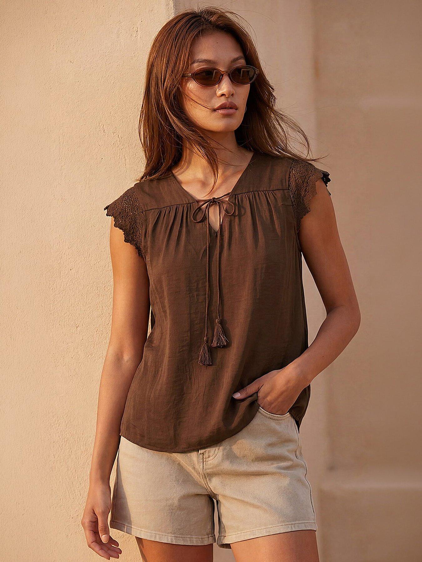 Roman Satin Crochet Tie Front Tunic Top