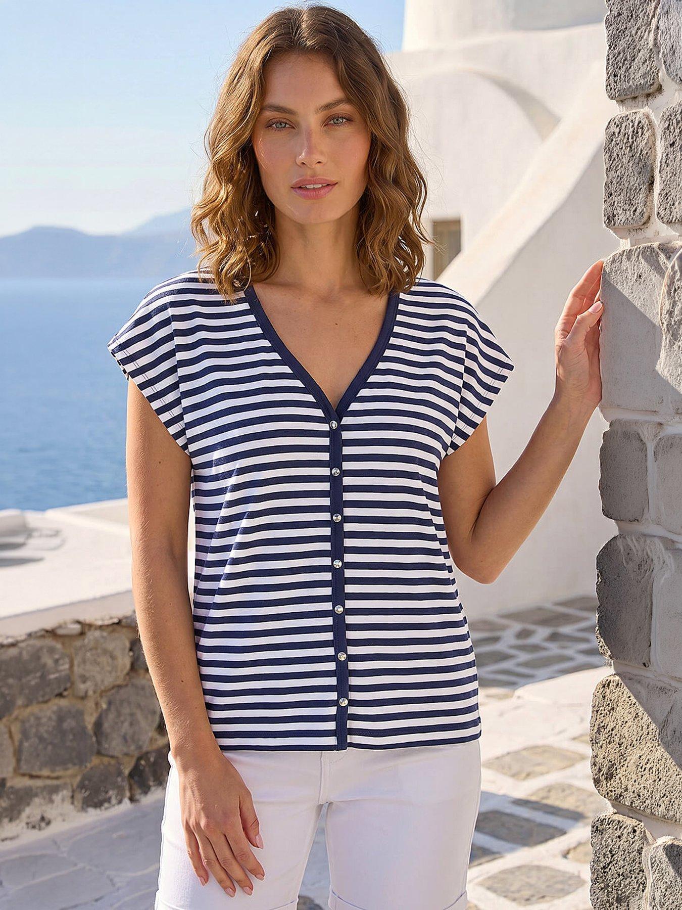 Roman Petite Stripe V-neck T-shirt, Navy, Size 12, Women