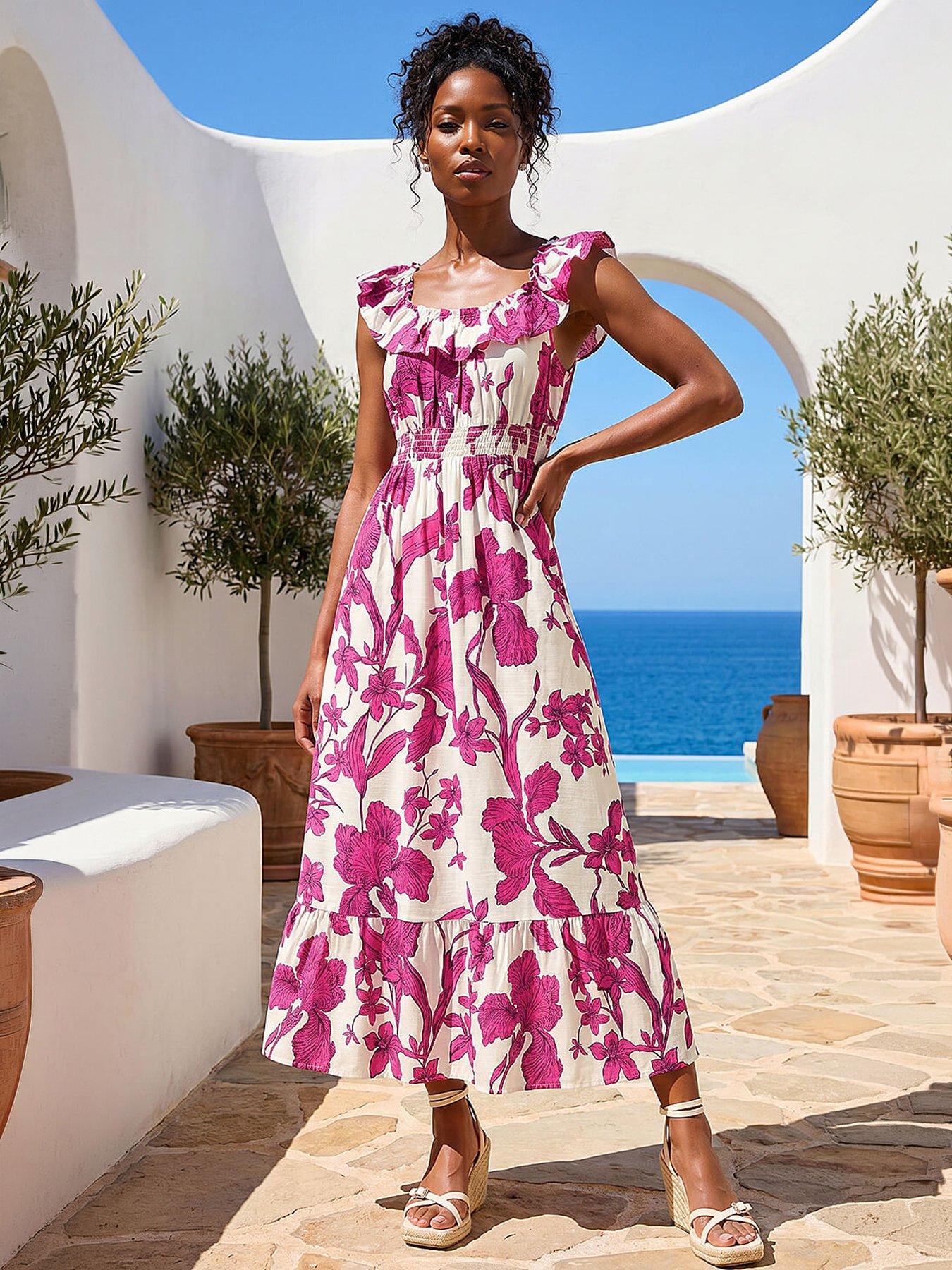 Roman Floral Print Frill Shirred Midi Dress, Pink, Size 16, Women