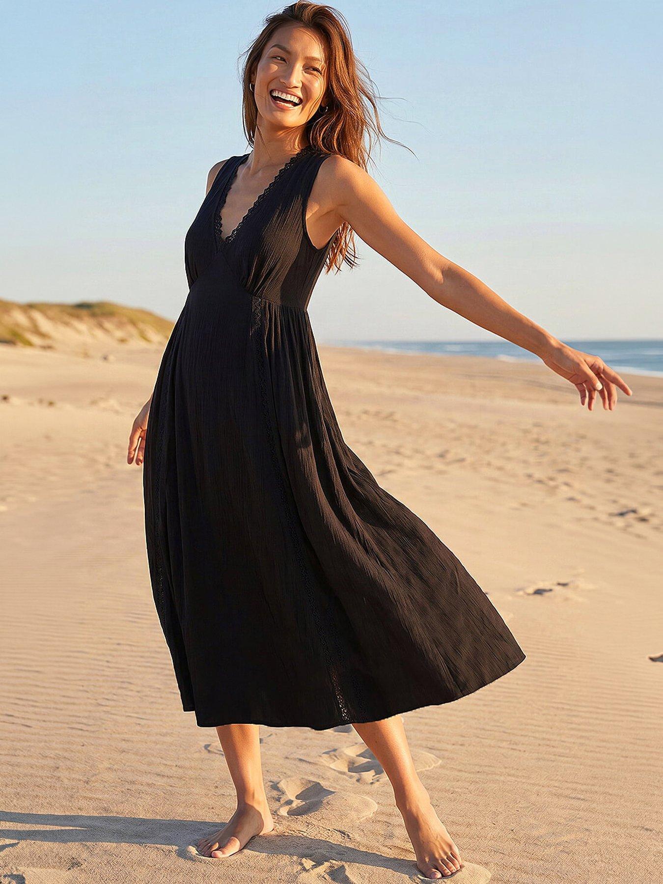 Roman Lace Trim V-Neck Midi Dress