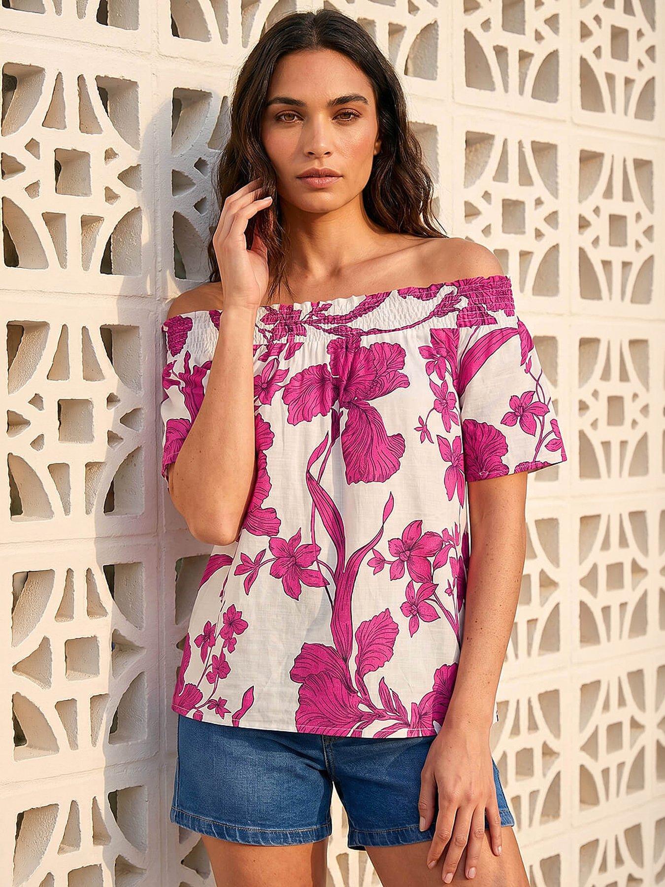 Roman Floral Print Bardot Top, Pink, Size 16, Women