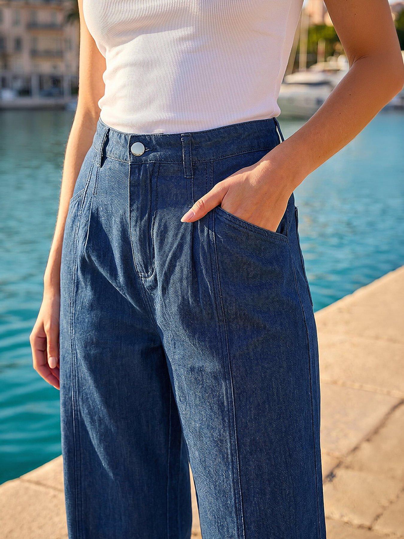 Image 2 of 4 of Roman Petite Stitch Pocket Wide Leg Jeans