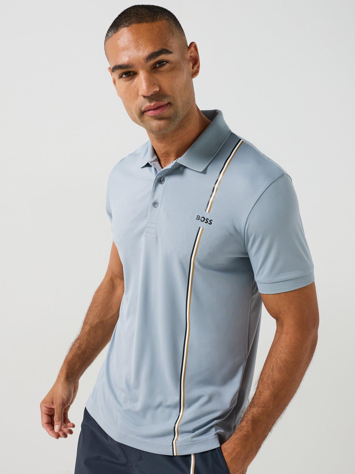 BOSS Mens Active Quick-Dry Polo Shirt with Signature Stripe - Grey