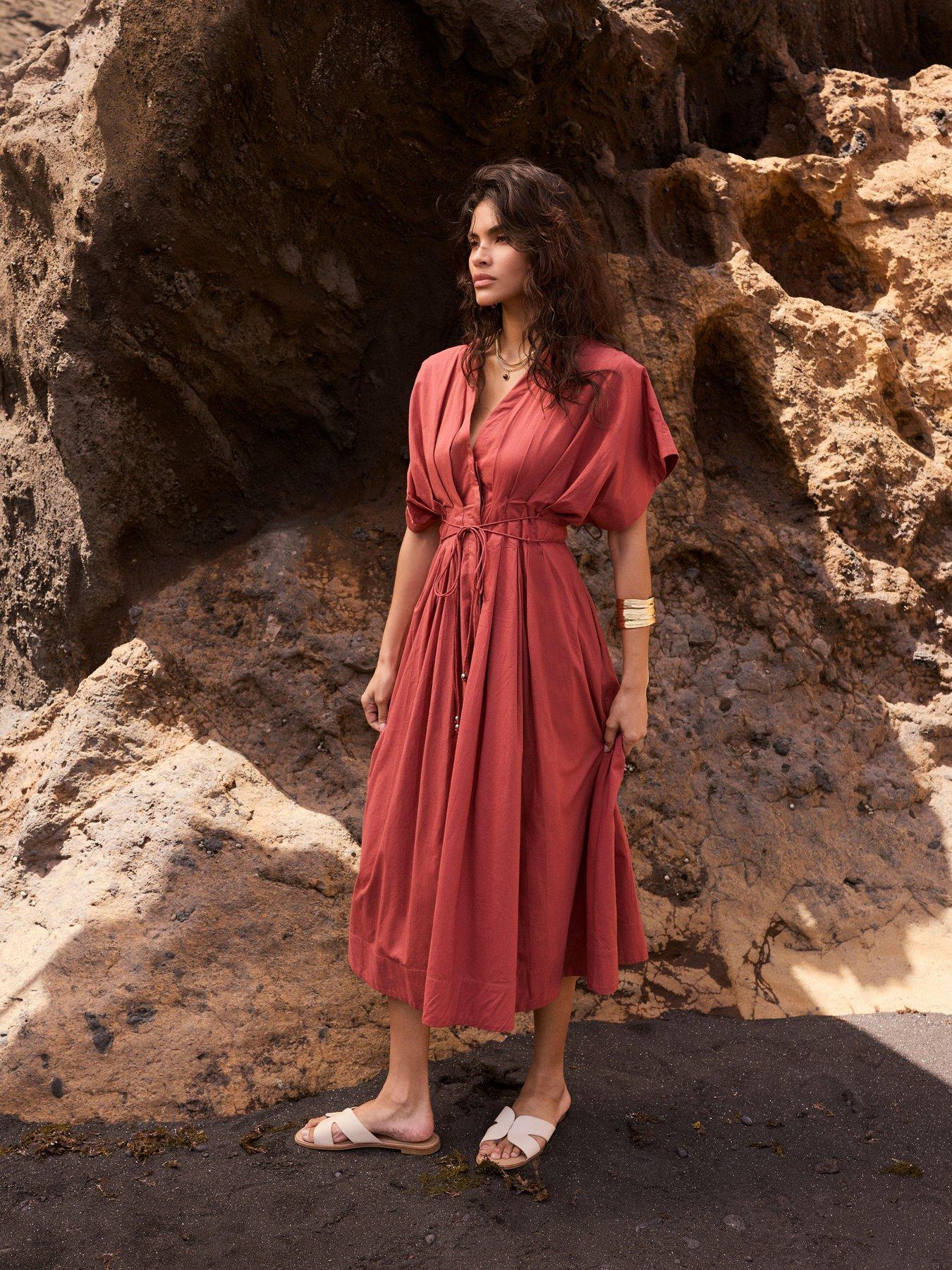 red dress midi uk Jamilla Red Cotton Midi Dress  Finery London