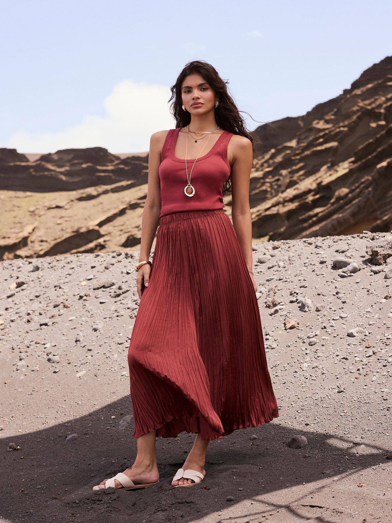Mint Velvet Rust Crinkle Maxi Skirt - Red