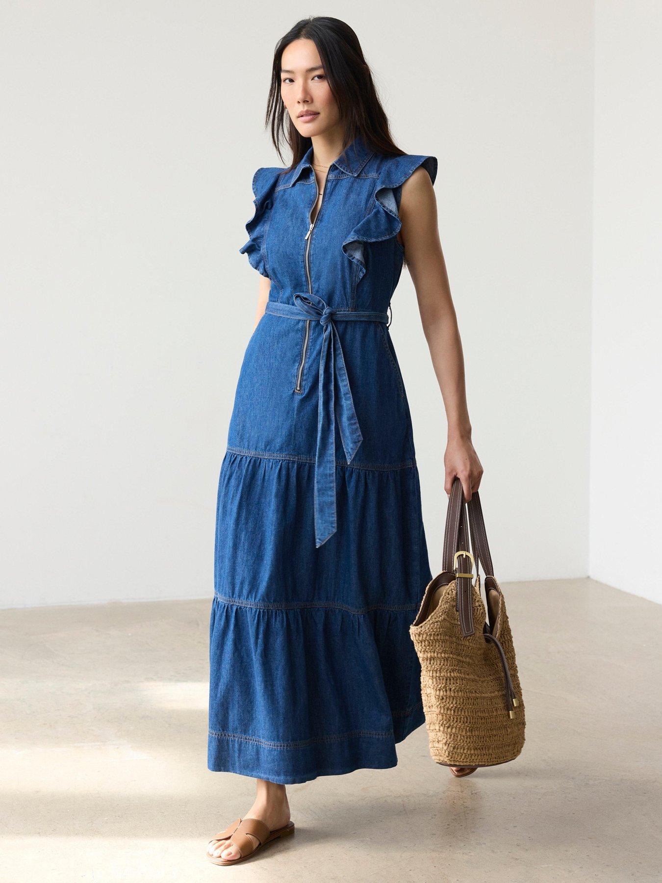 Mint Velvet Ruffle Tiered Denim Dress - Blue