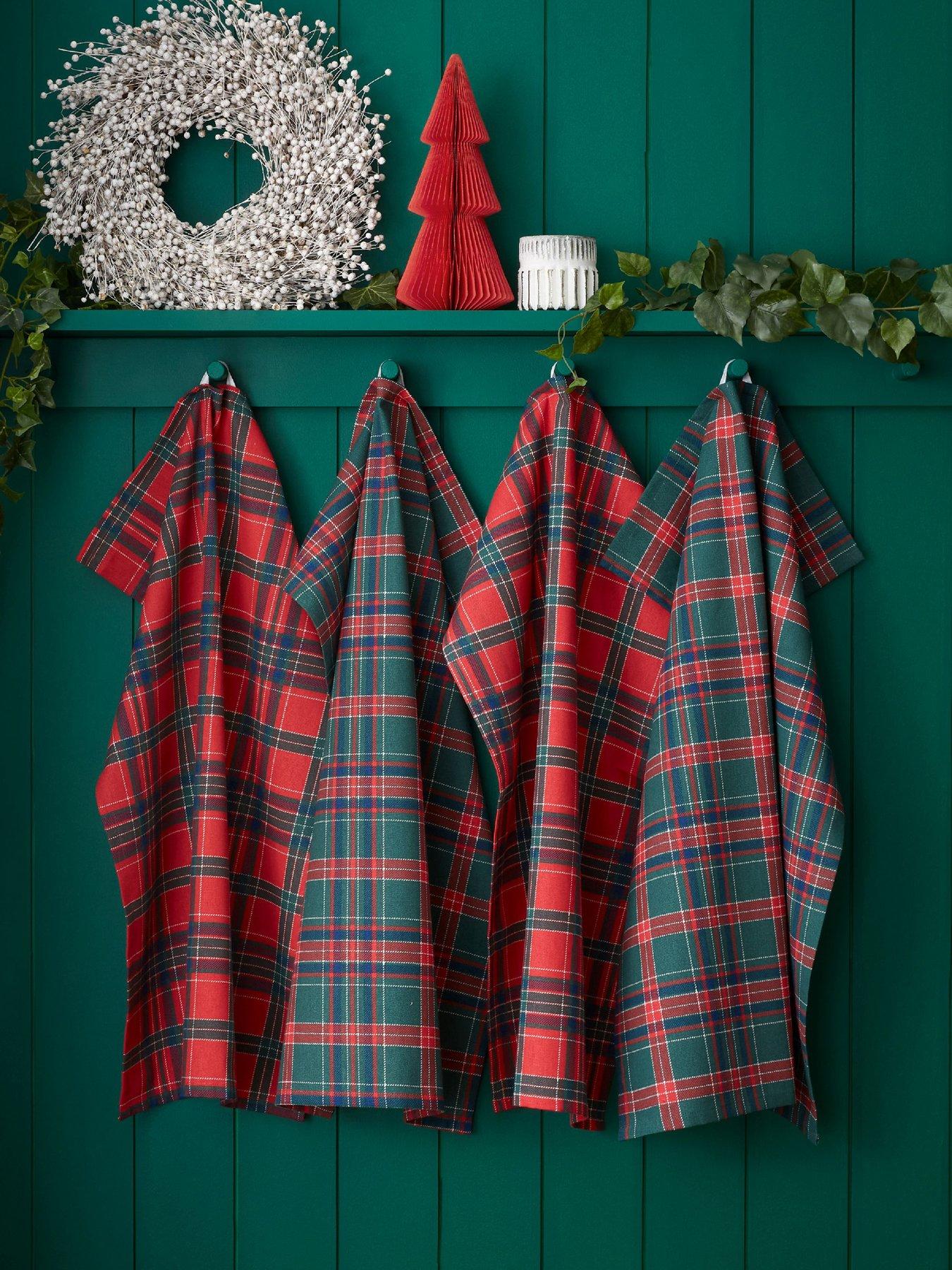 Catherine Lansfield 100% Cotton Christmas Tartan Check Tea Towels 4 Pack