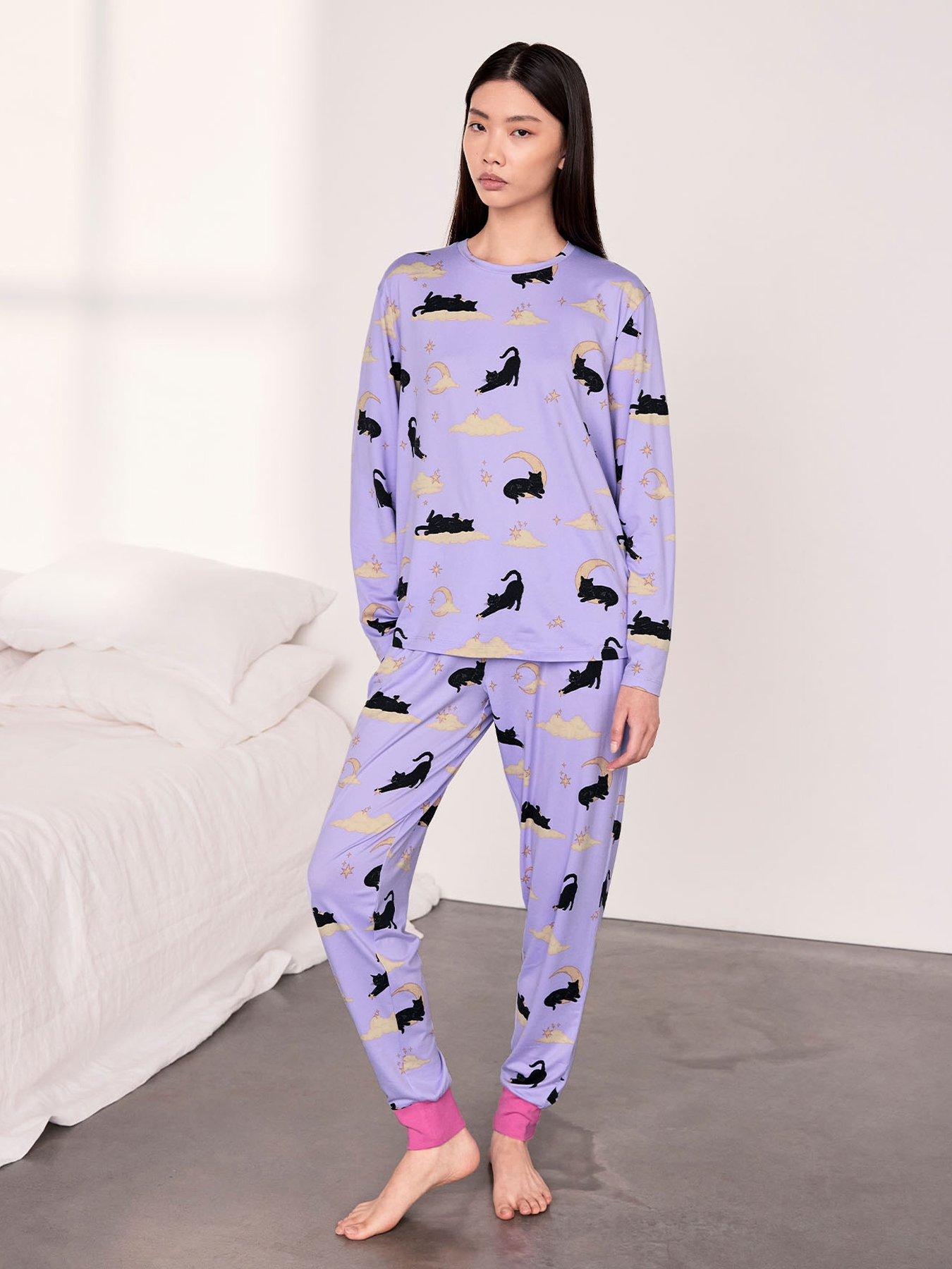 CHELSEA PEERS Halloween Cat Print Long Pyjama Set - Lilac