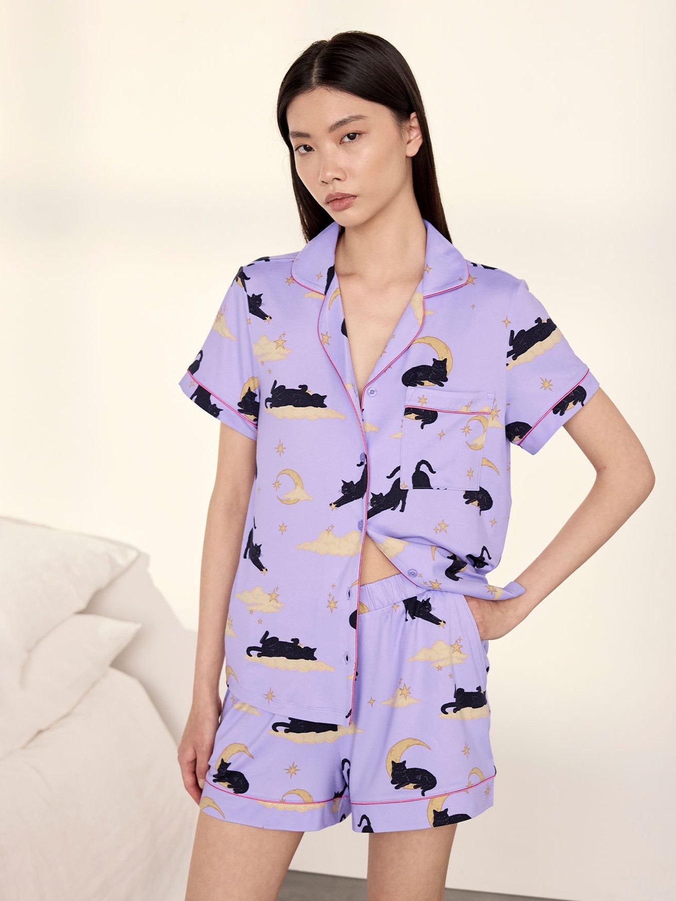 CHELSEA PEERS Halloween Cat Print Short Pyjama Set - Lilac