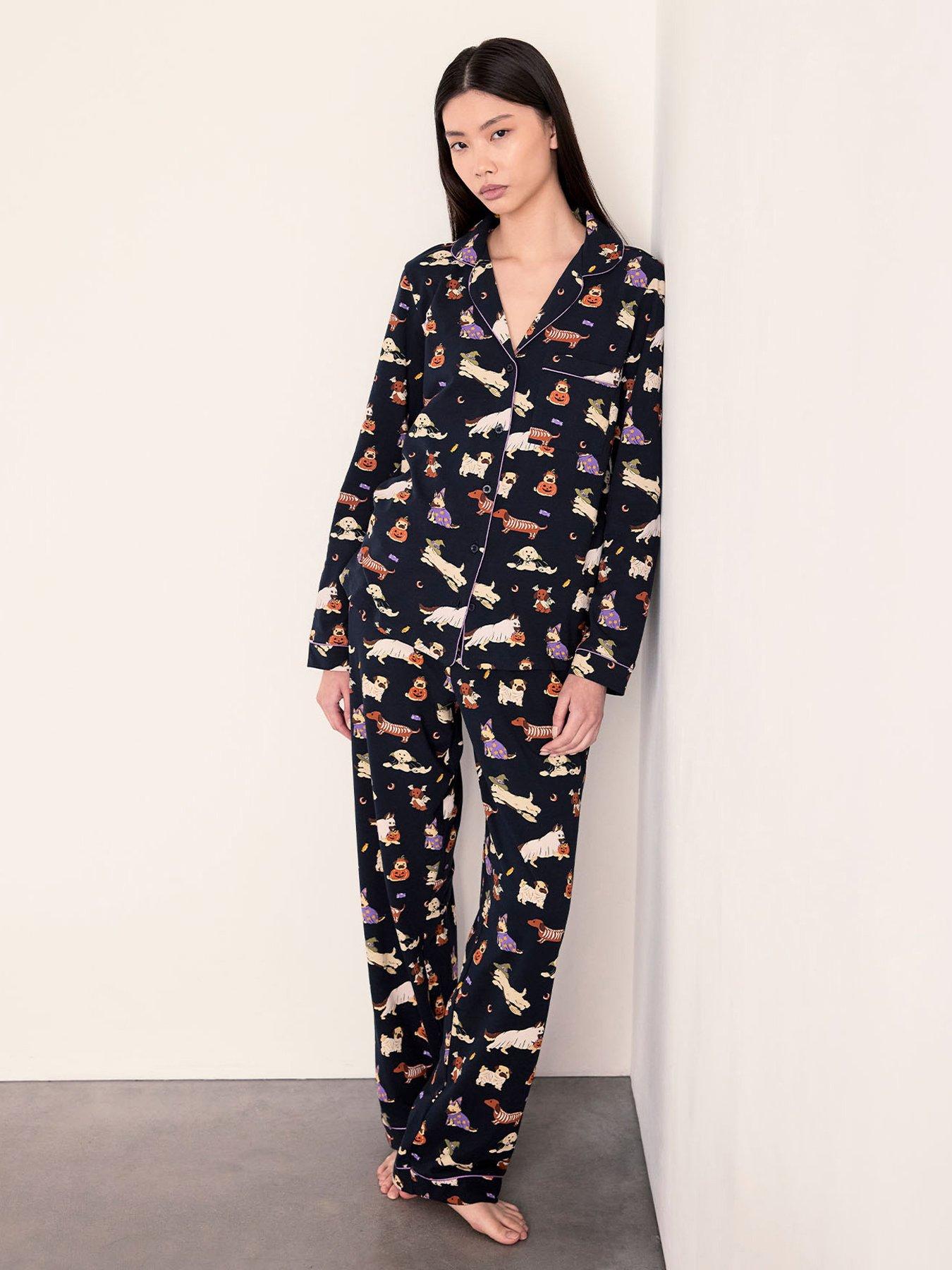 Image 1 of 6 of CHELSEA PEERS Cotton Halloween Dogs Print Long Pyjama Set - Navy