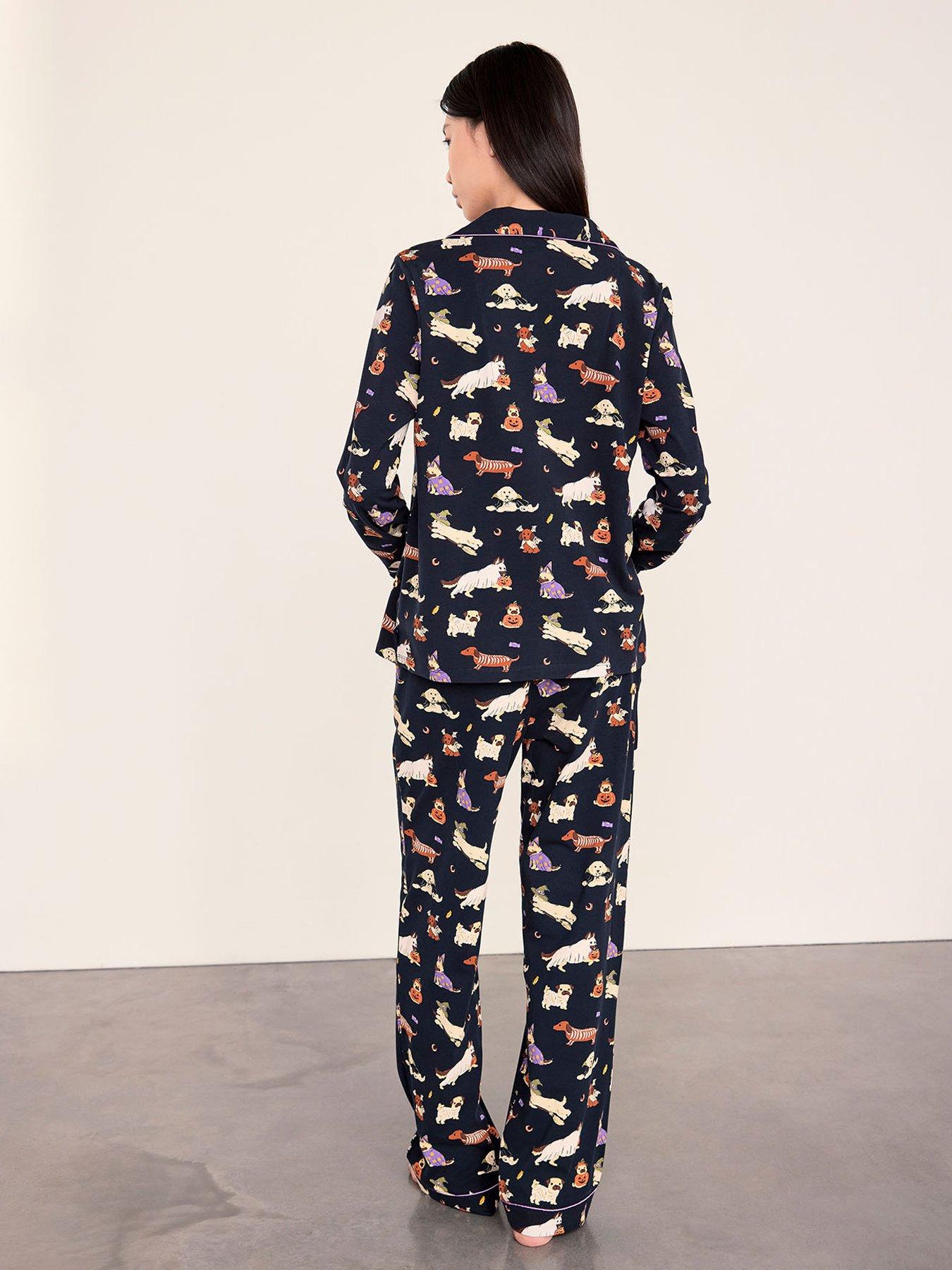 Image 2 of 6 of CHELSEA PEERS Cotton Halloween Dogs Print Long Pyjama Set - Navy