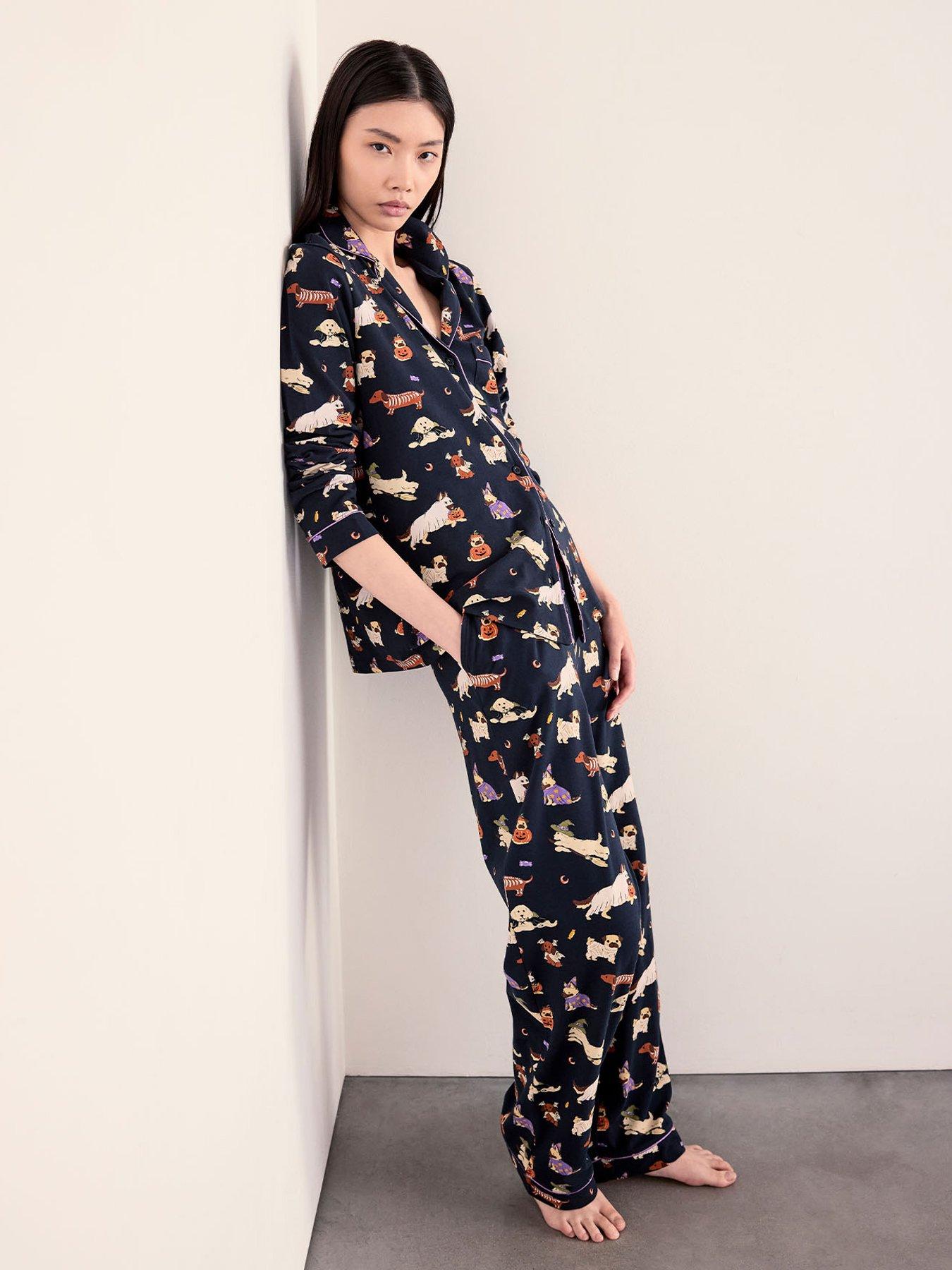 Image 3 of 6 of CHELSEA PEERS Cotton Halloween Dogs Print Long Pyjama Set - Navy
