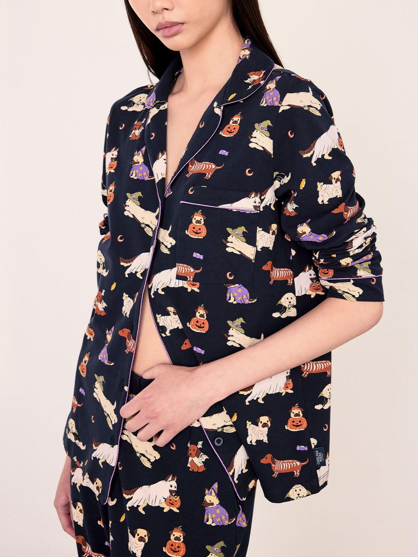 Image 5 of 6 of CHELSEA PEERS Cotton Halloween Dogs Print Long Pyjama Set - Navy