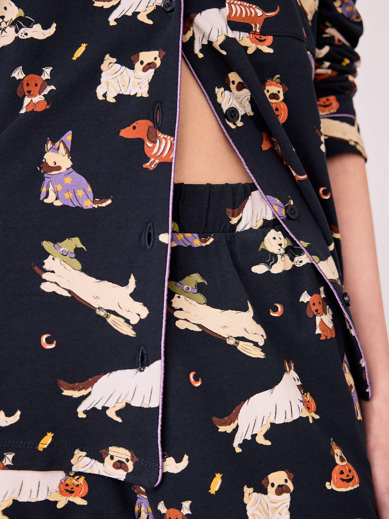 Image 6 of 6 of CHELSEA PEERS Cotton Halloween Dogs Print Long Pyjama Set - Navy