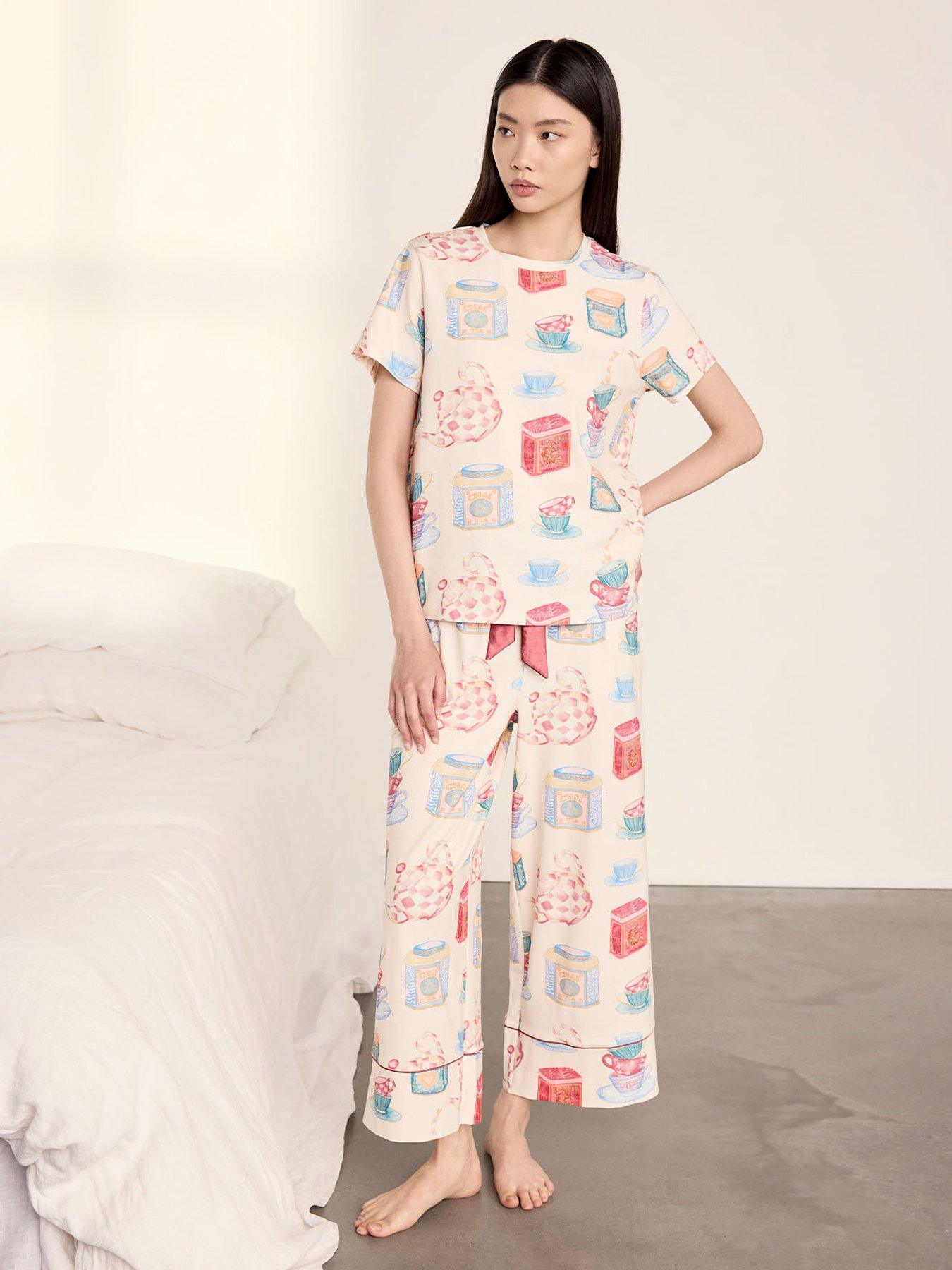 Image 1 of 5 of CHELSEA PEERS Cotton Tea Party Print Long Pyjama Set - Off White