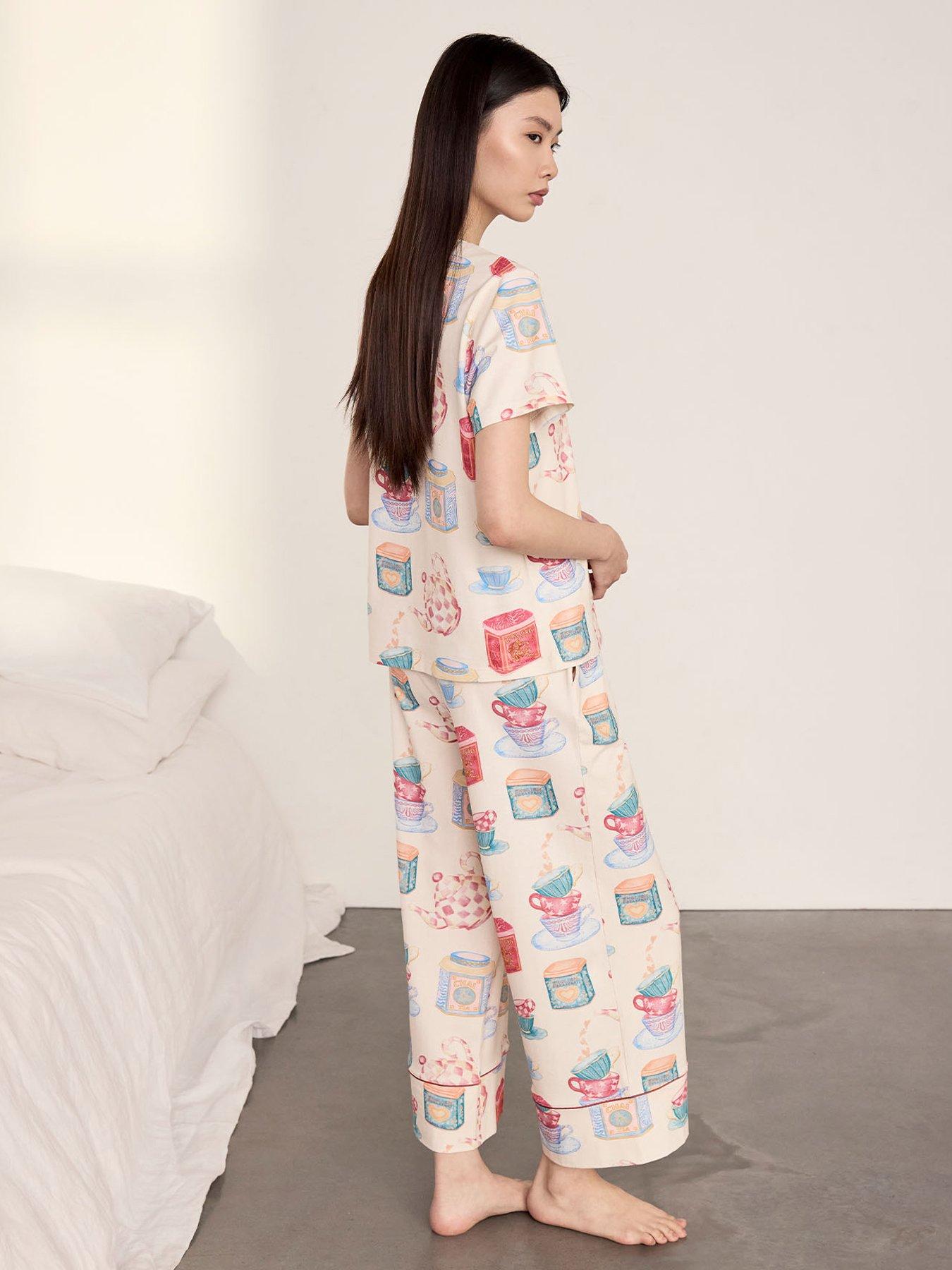 Image 2 of 5 of CHELSEA PEERS Cotton Tea Party Print Long Pyjama Set - Off White
