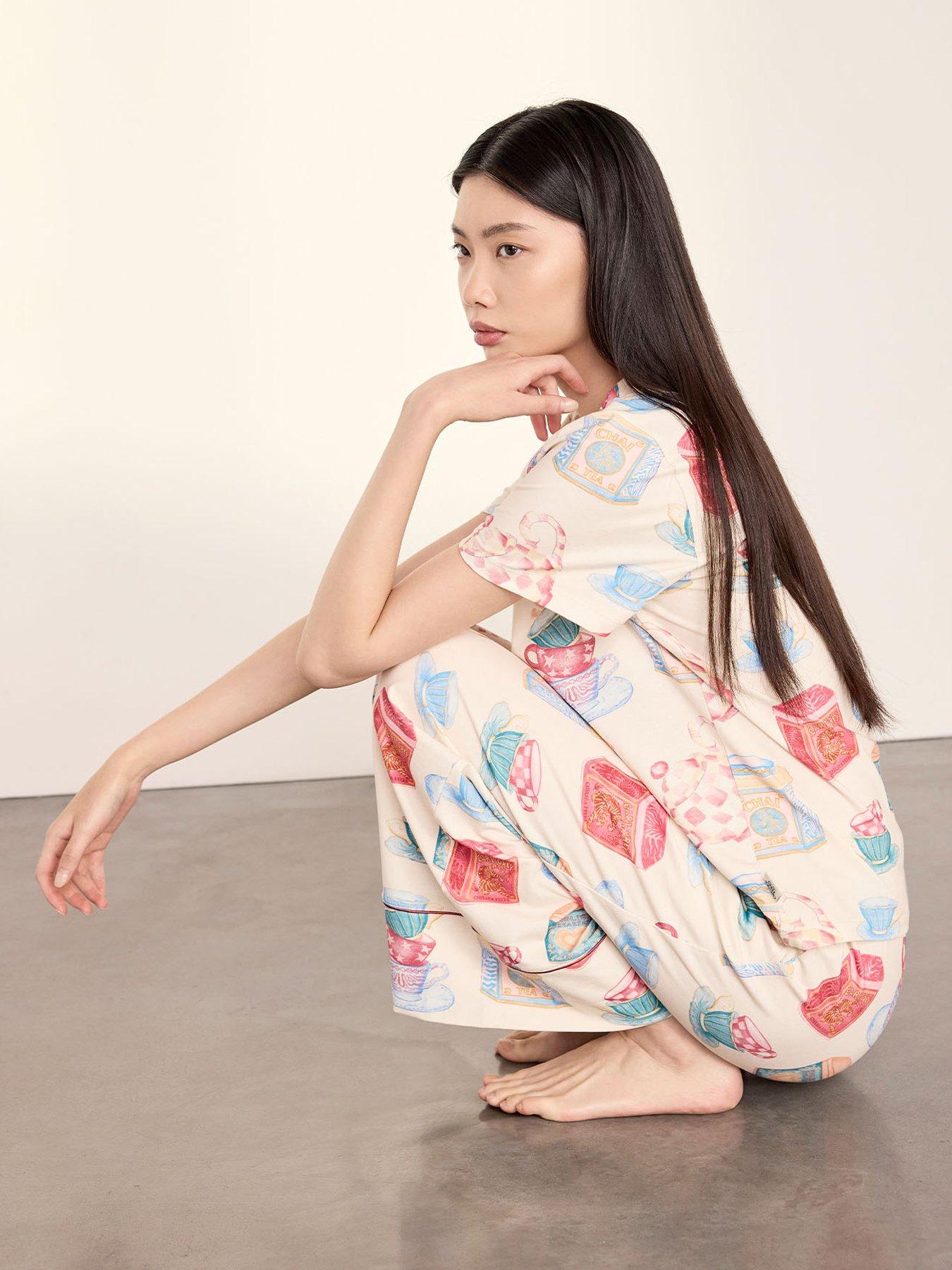 Image 3 of 5 of CHELSEA PEERS Cotton Tea Party Print Long Pyjama Set - Off White