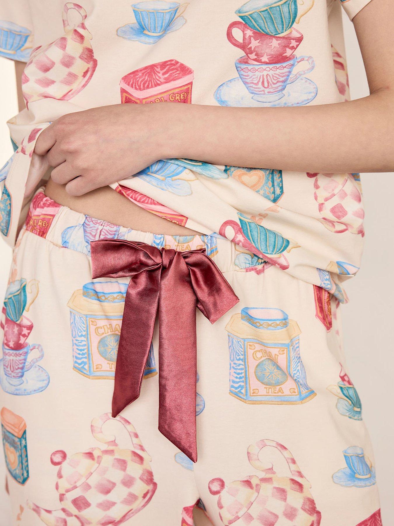 Image 5 of 5 of CHELSEA PEERS Cotton Tea Party Print Long Pyjama Set - Off White