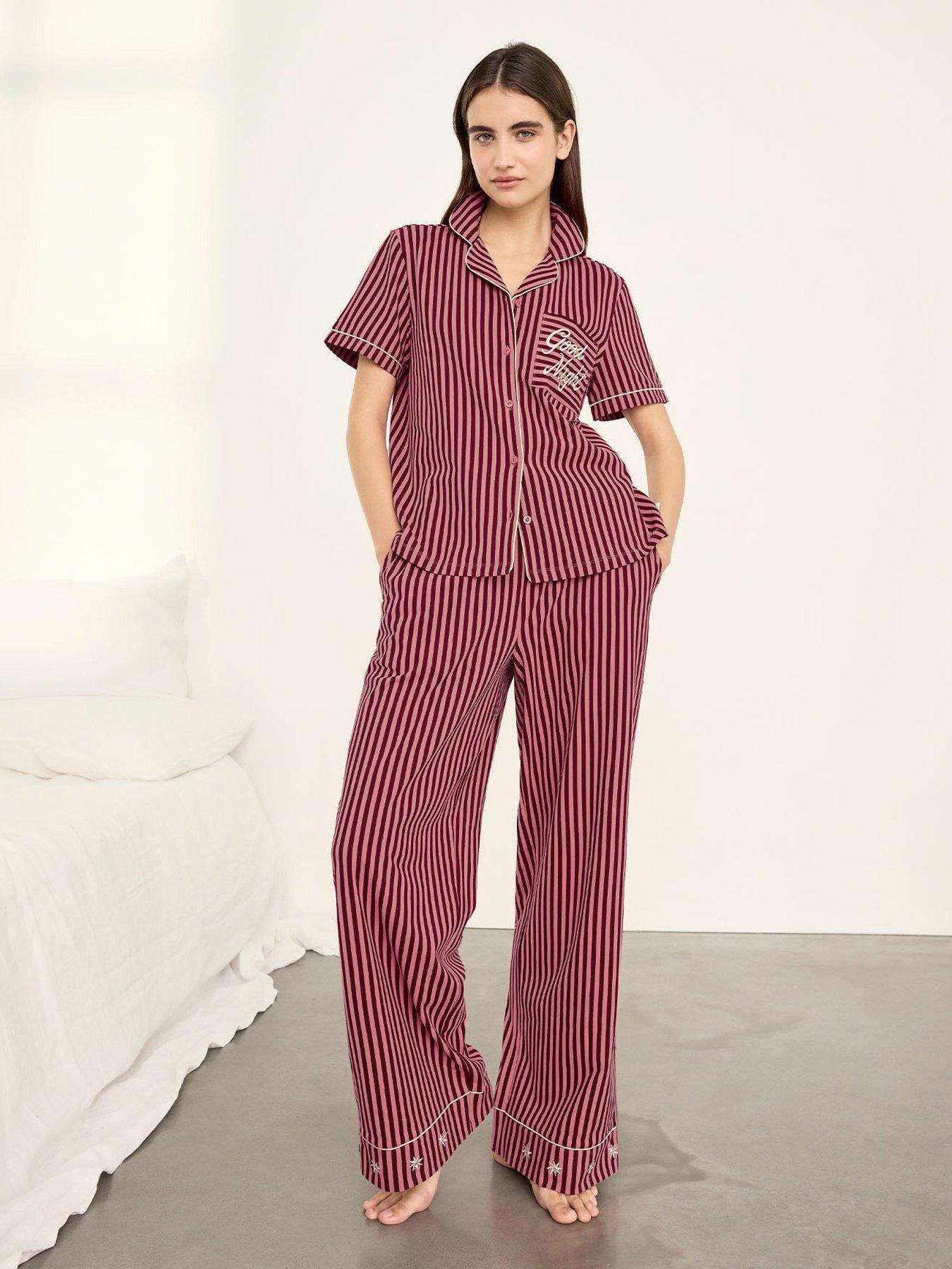 Image 1 of 6 of CHELSEA PEERS Cotton Embroidered Good Night Stripe Long Pyjama Set - Multi