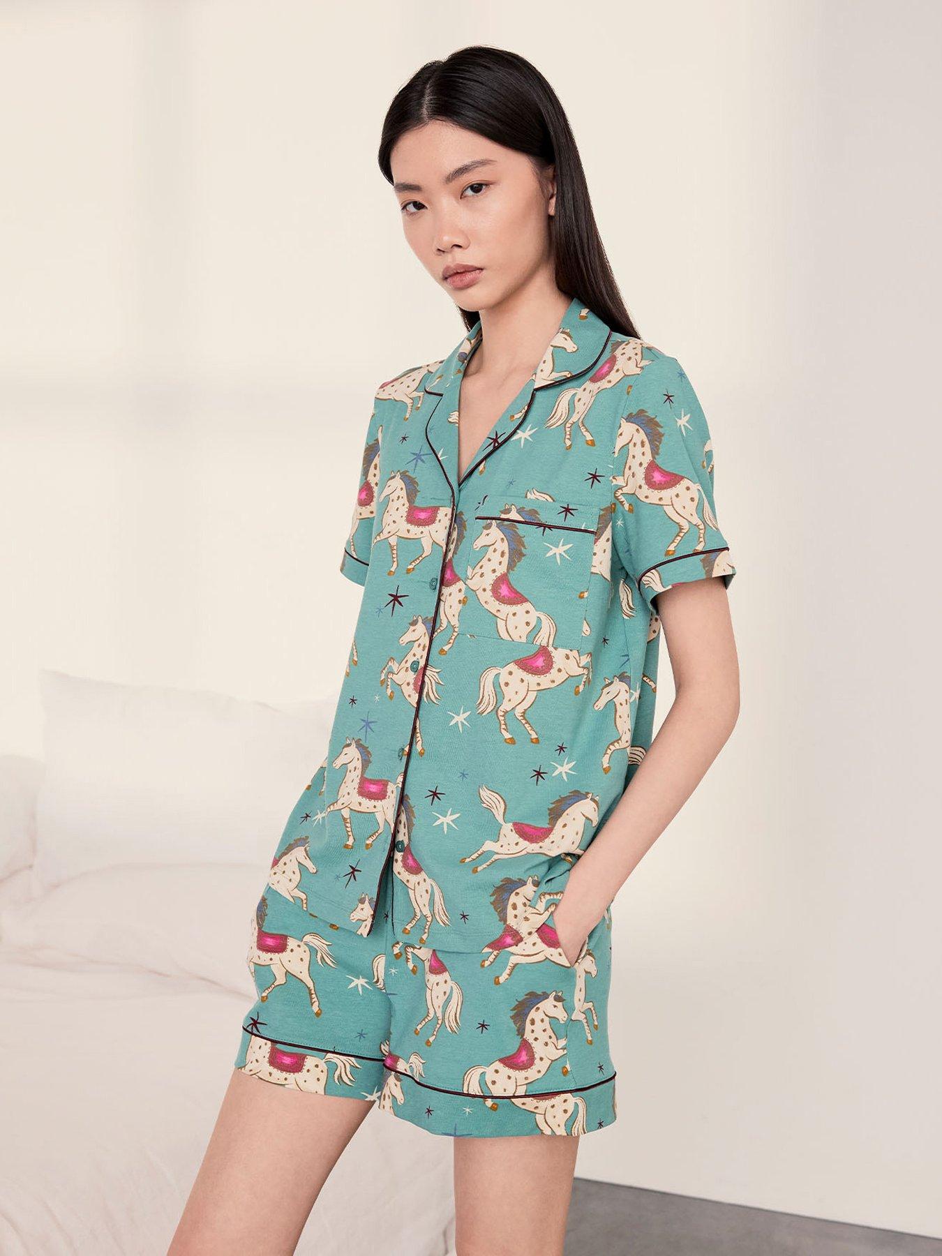 Image 1 of 6 of CHELSEA PEERS Cotton Carousel Horse Print Short Pyjama Set - Teal