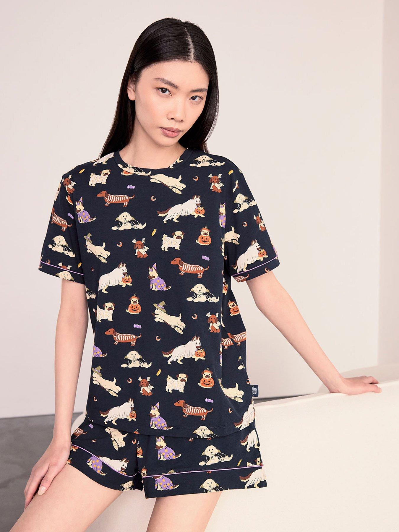 Image 1 of 5 of CHELSEA PEERS Cotton Halloween Dogs Print Short Pyjama Set - Navy