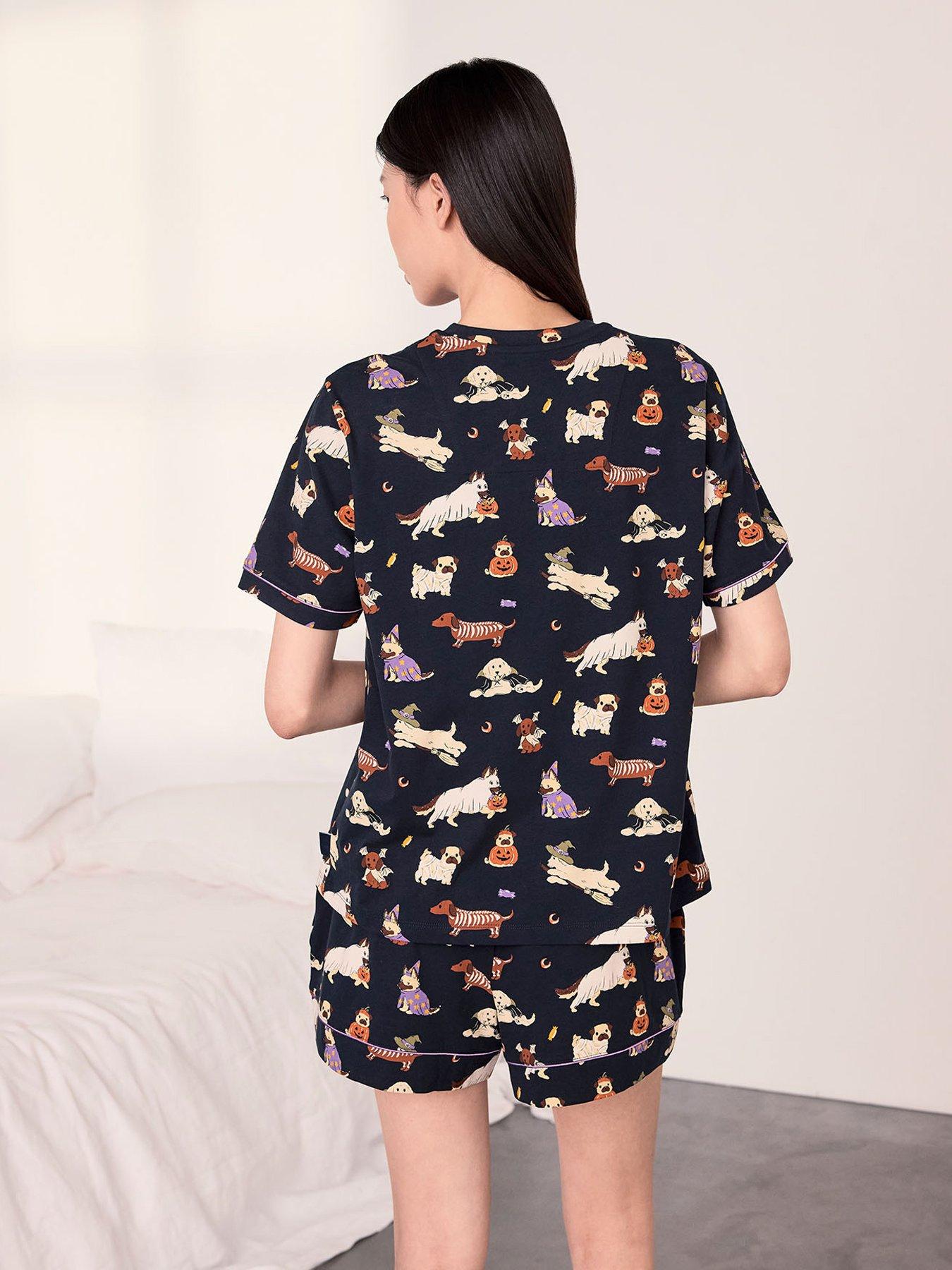 Image 2 of 5 of CHELSEA PEERS Cotton Halloween Dogs Print Short Pyjama Set - Navy