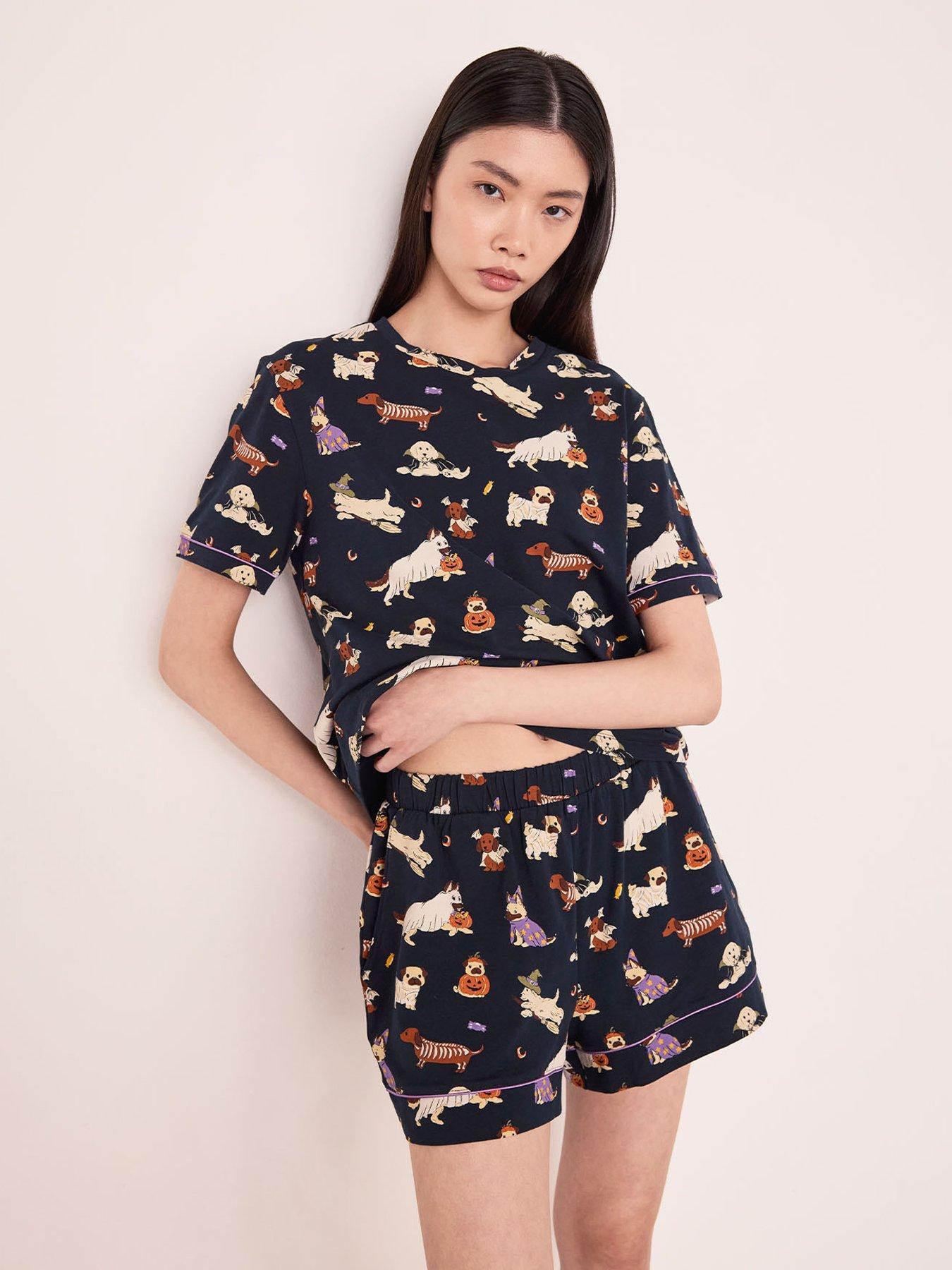 Image 3 of 5 of CHELSEA PEERS Cotton Halloween Dogs Print Short Pyjama Set - Navy