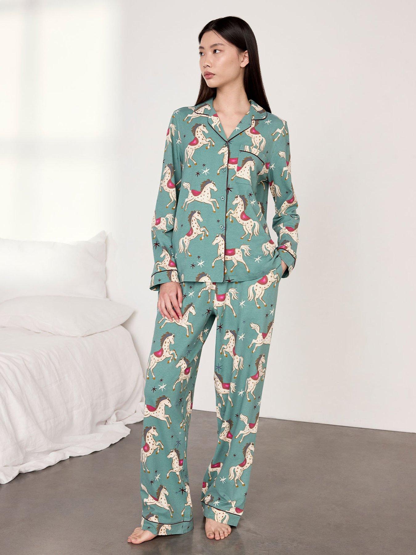 Image 1 of 6 of CHELSEA PEERS Cotton Carousel Horse Print Long Pyjama Set - Teal