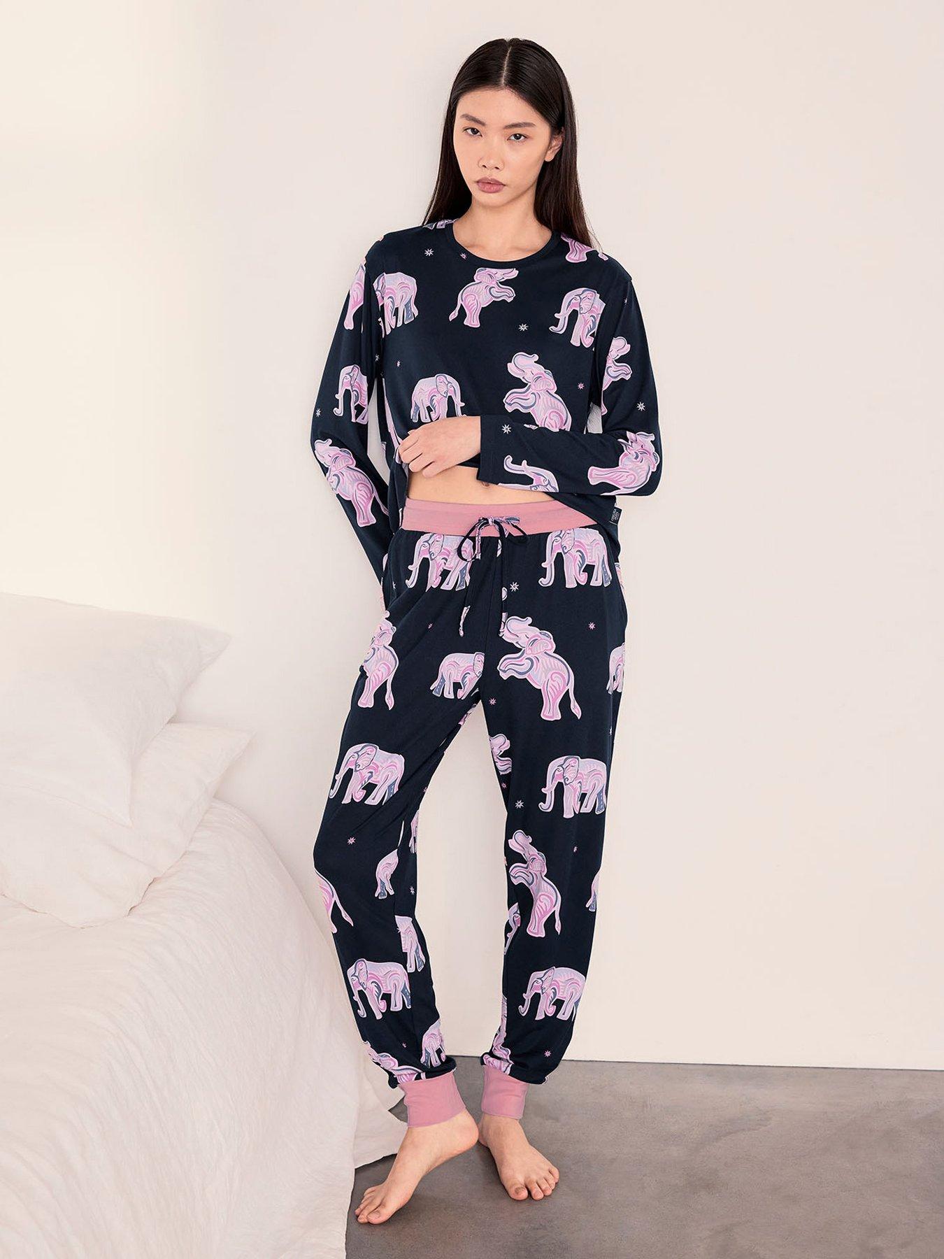 Image 1 of 5 of CHELSEA PEERS Elephant Dreamscape Print Long Pyjama Set - Navy