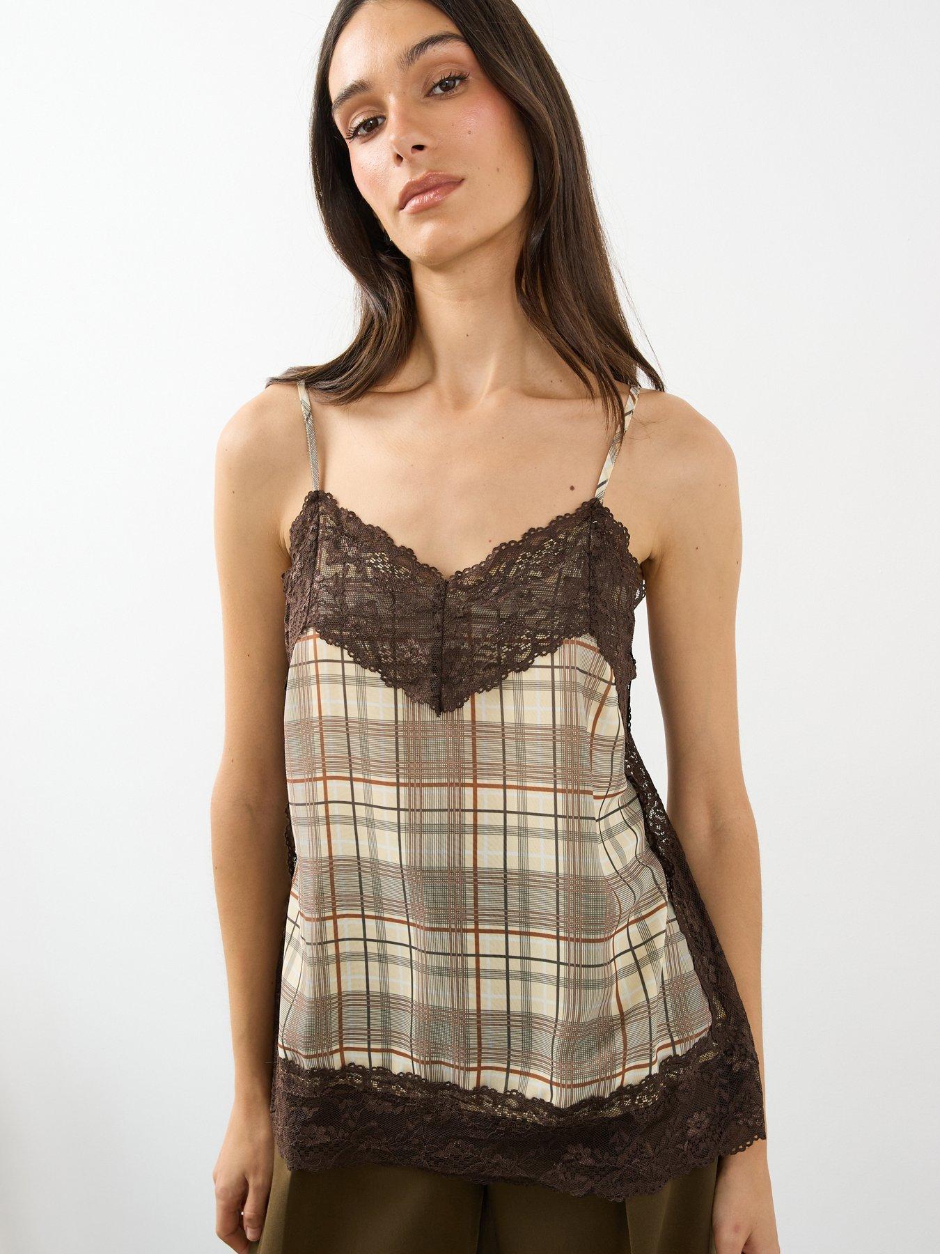 Image 1 of 7 of The Very Collection Womens Lace Trim Checked Cami - Brown