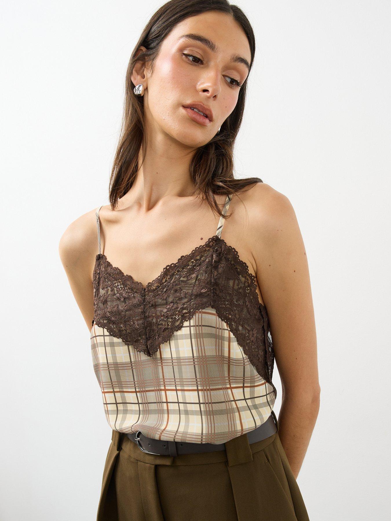 Image 4 of 7 of The Very Collection Womens Lace Trim Checked Cami - Brown