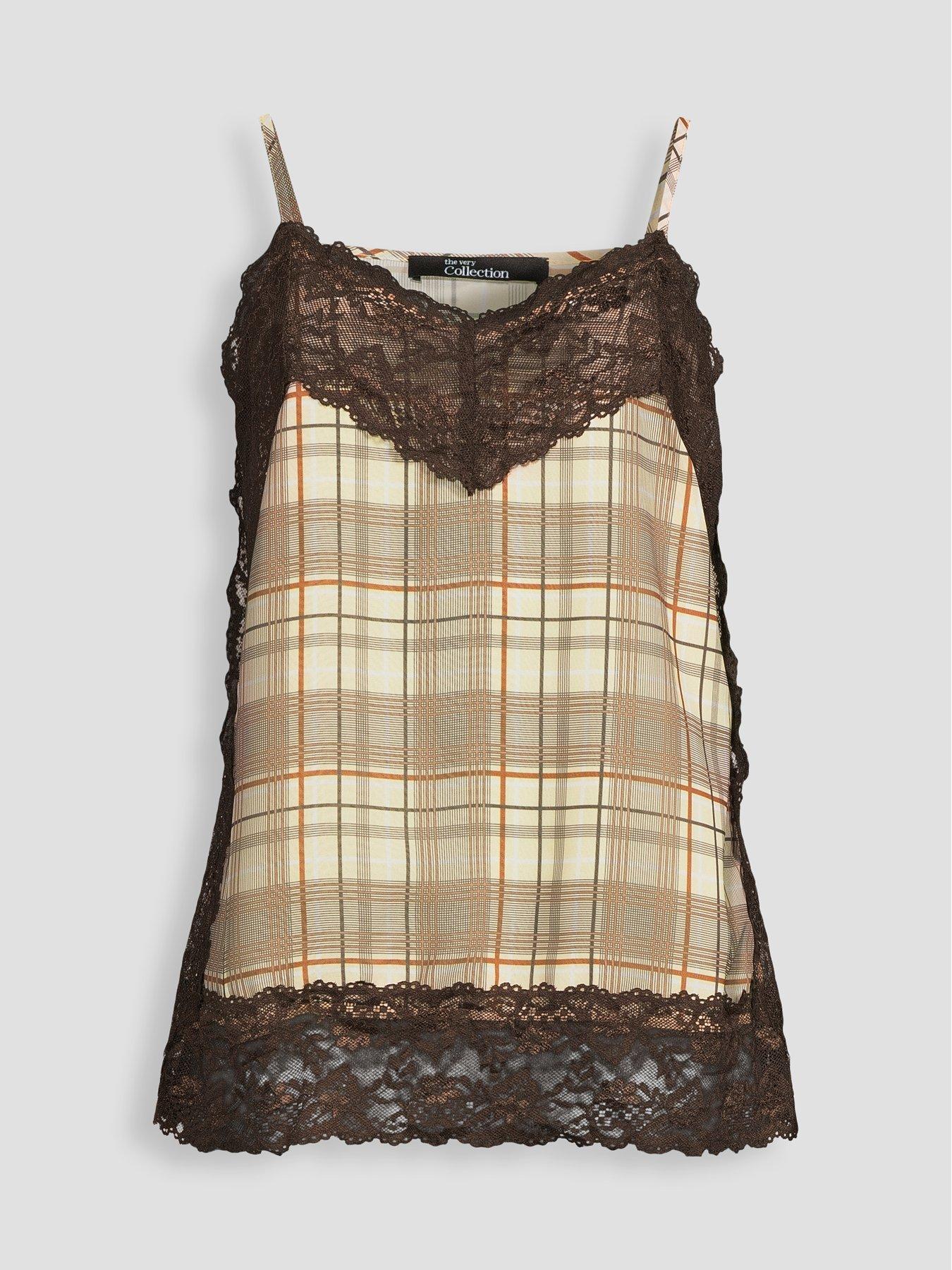 Image 7 of 7 of The Very Collection Womens Lace Trim Checked Cami - Brown