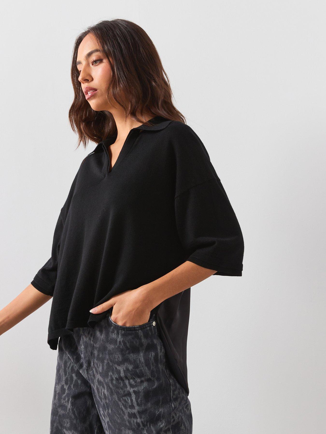 AllSaints Bern Short Sleeve Woven Wool Polo, Black, Size S, Women