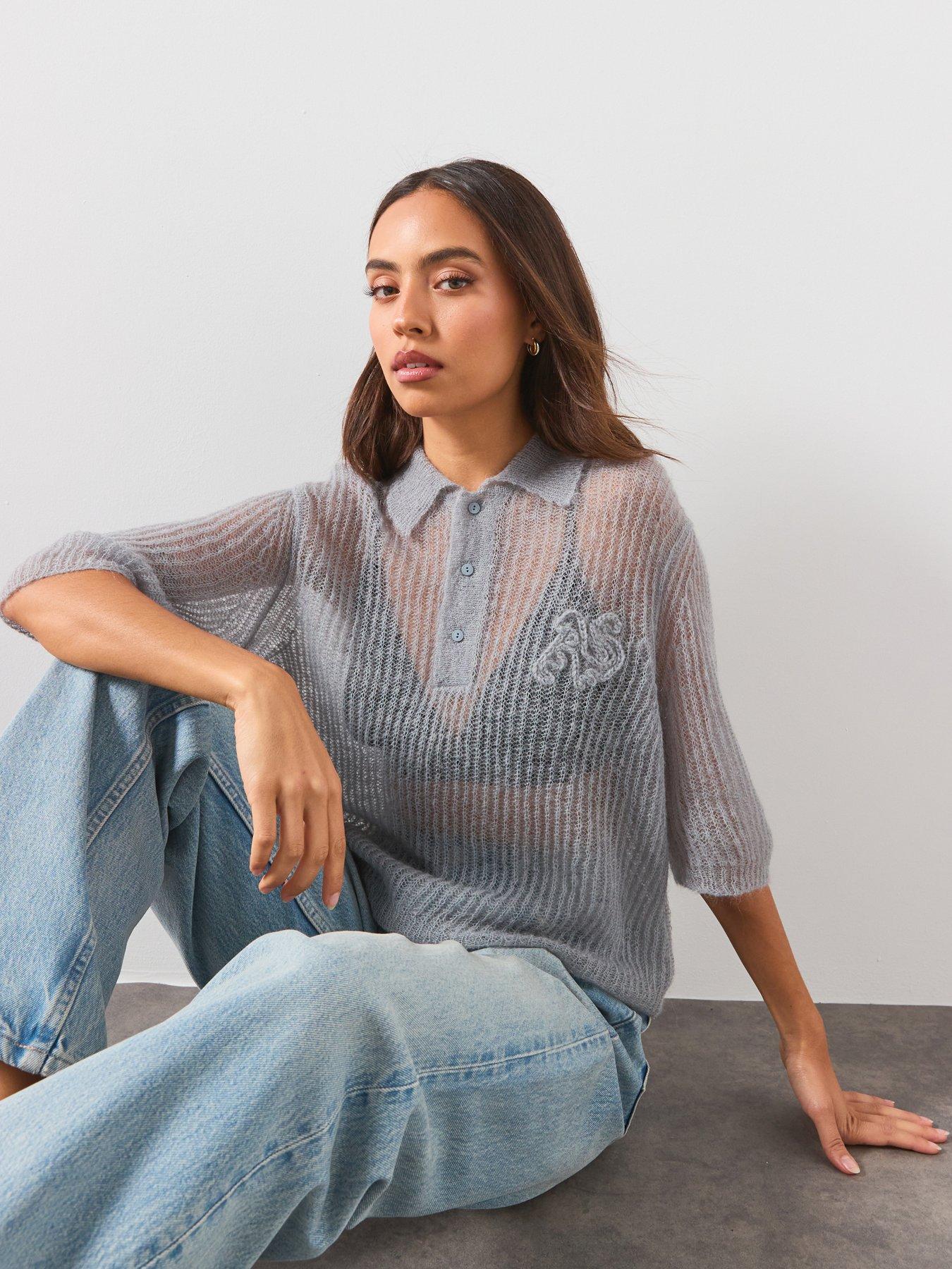 Allsaints Anabel Pointelle Embroidered Polo T-Shirt - Blue