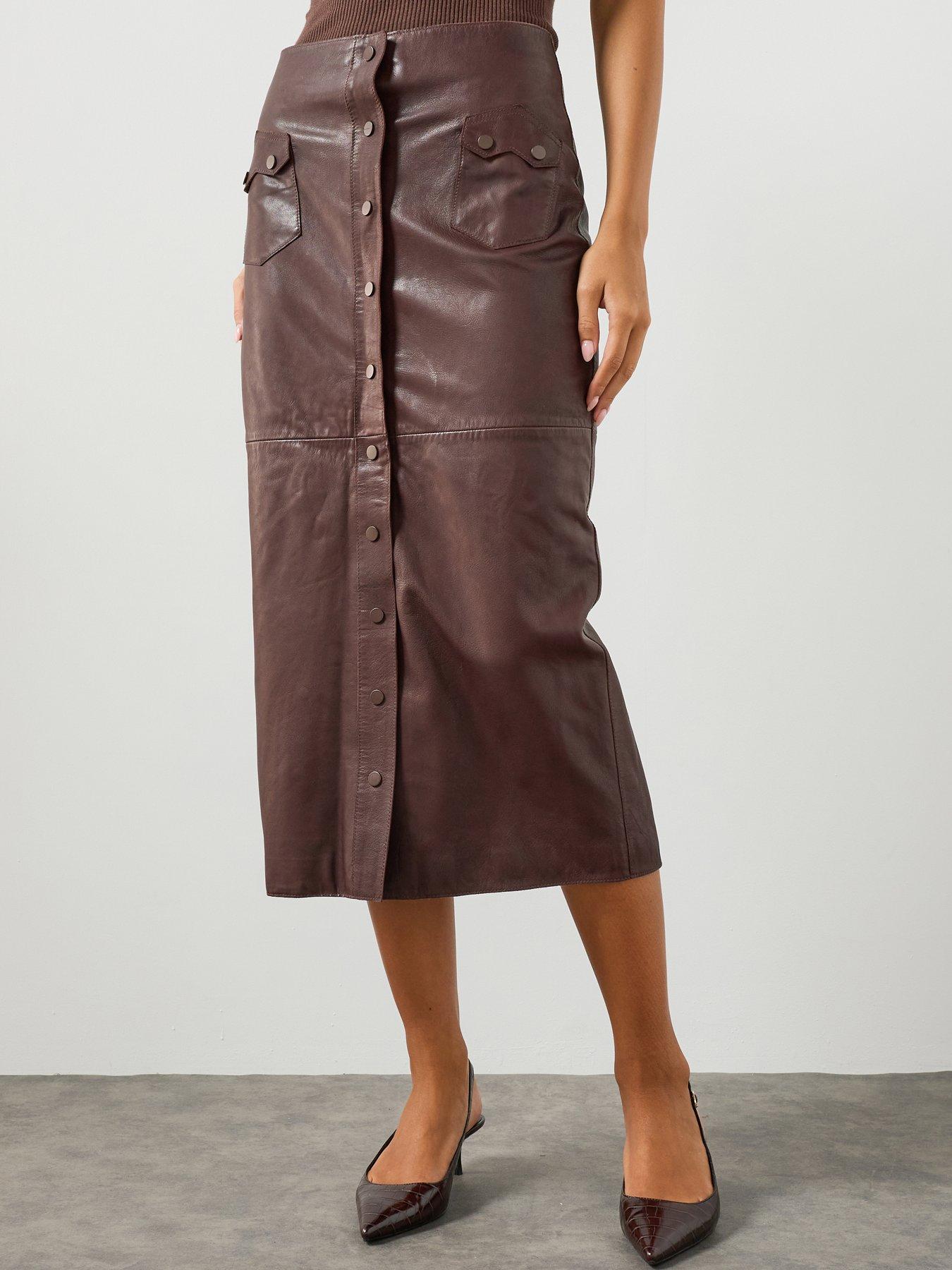 Image 1 of 6 of AllSaints Rock Leather Midi Skirt - Brown