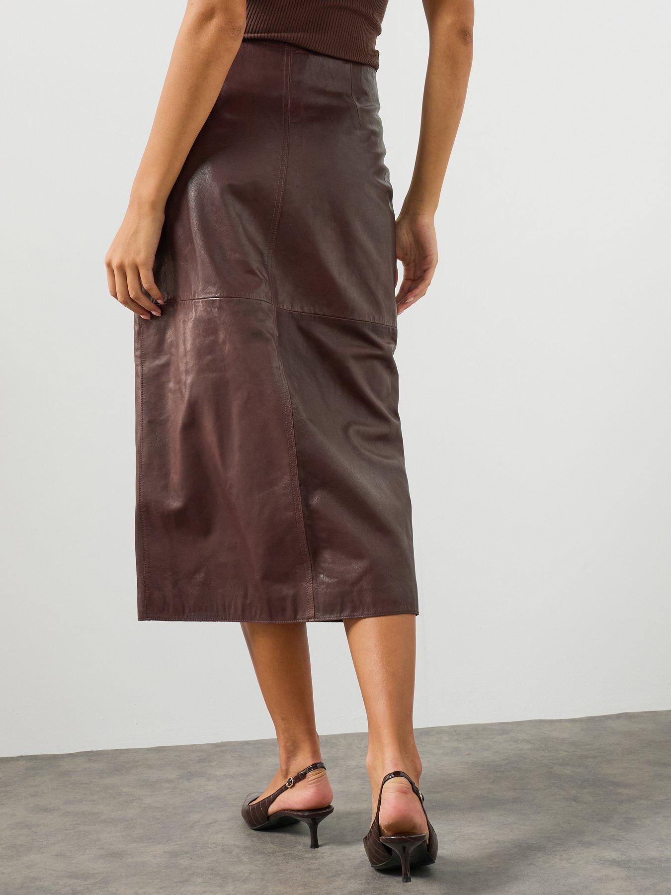 Image 2 of 6 of AllSaints Rock Leather Midi Skirt - Brown
