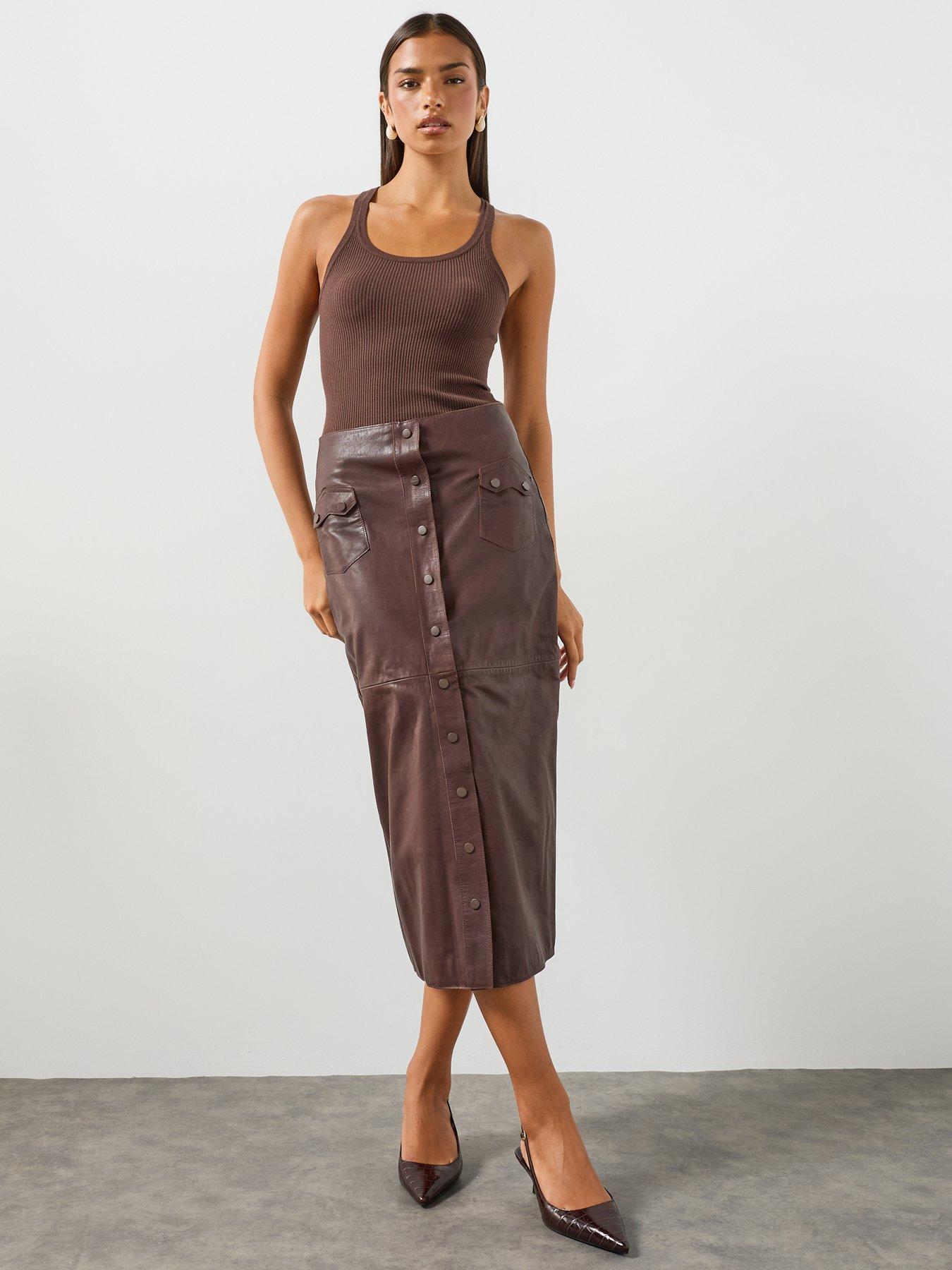 Image 3 of 6 of AllSaints Rock Leather Midi Skirt - Brown